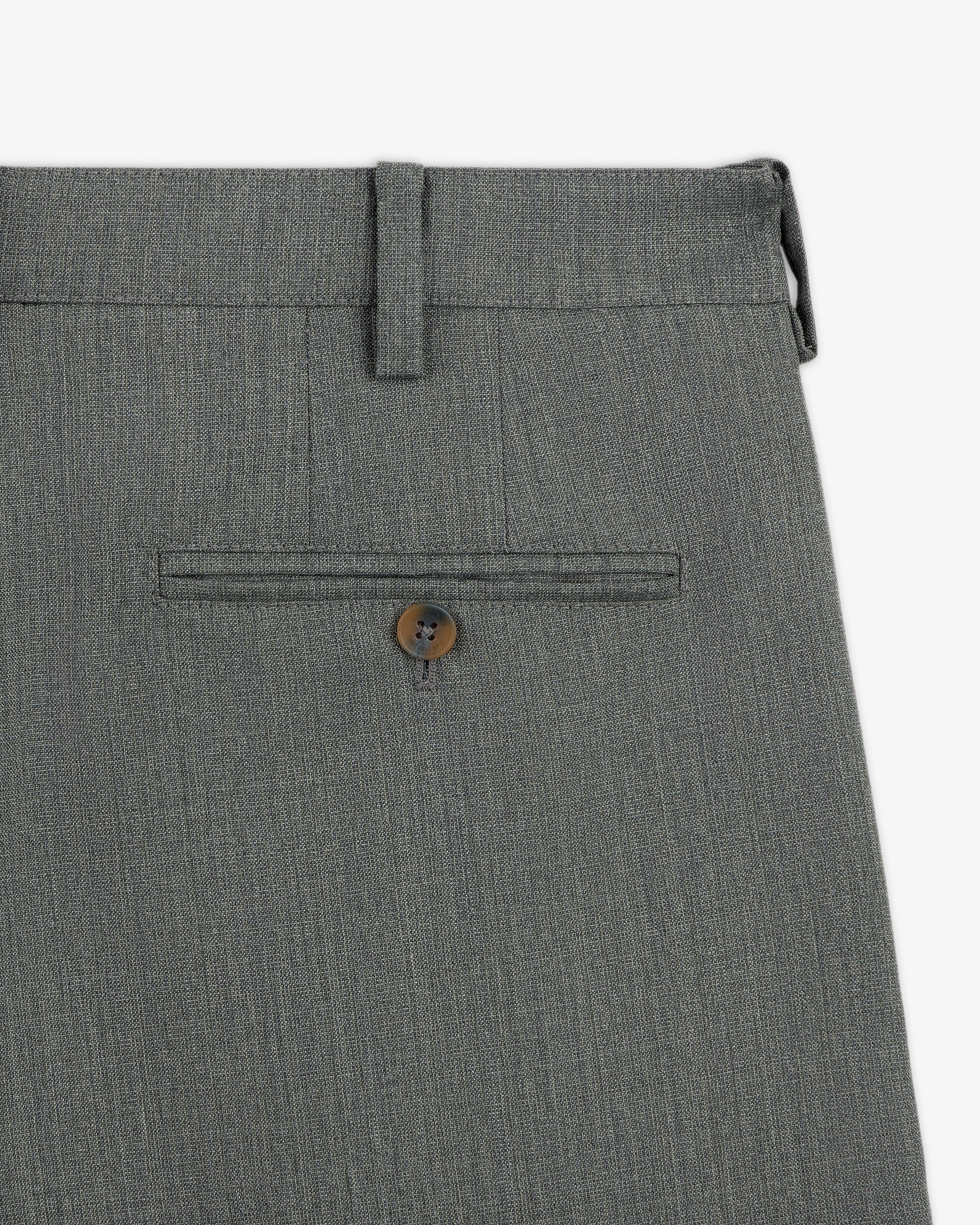 Close-up of Lightweight Cuffed Trouser in grey, featuring a back pocket with button and a belt loop at the waist.