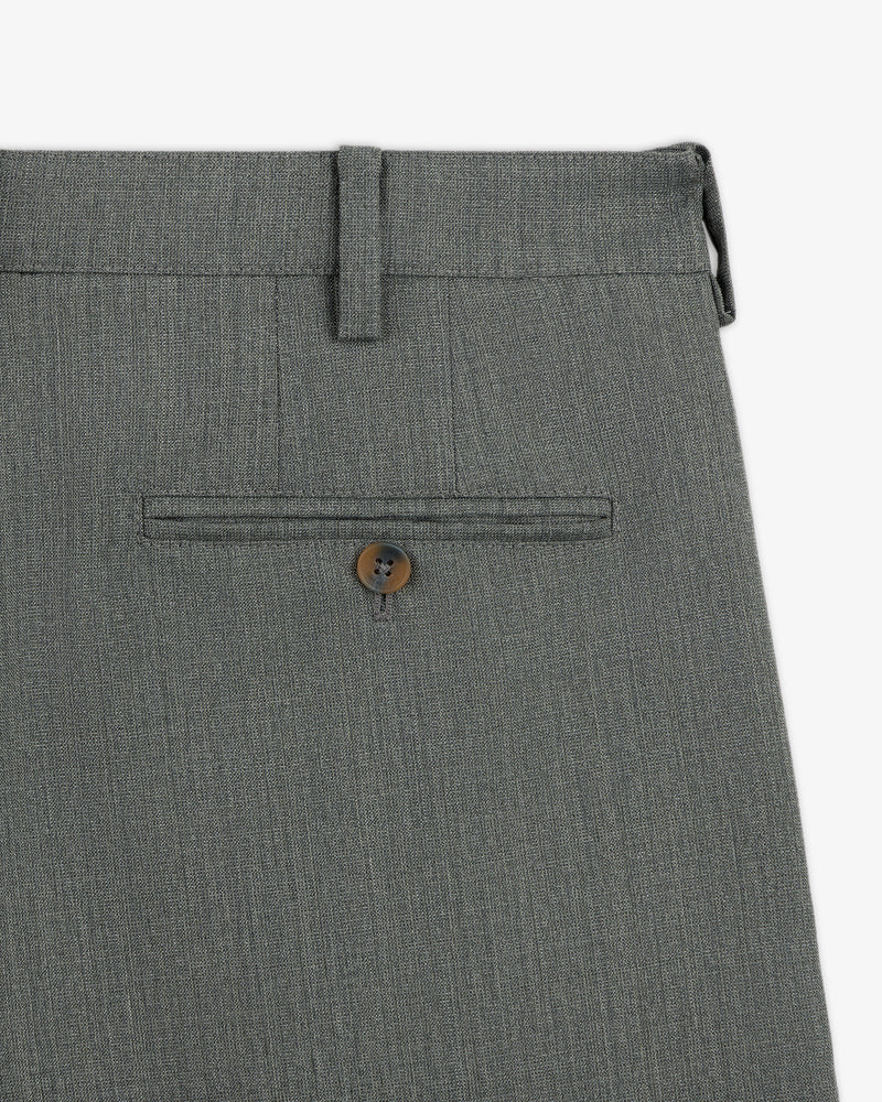 Close-up of Lightweight Cuffed Trouser in grey, featuring a back pocket with button and a belt loop at the waist.