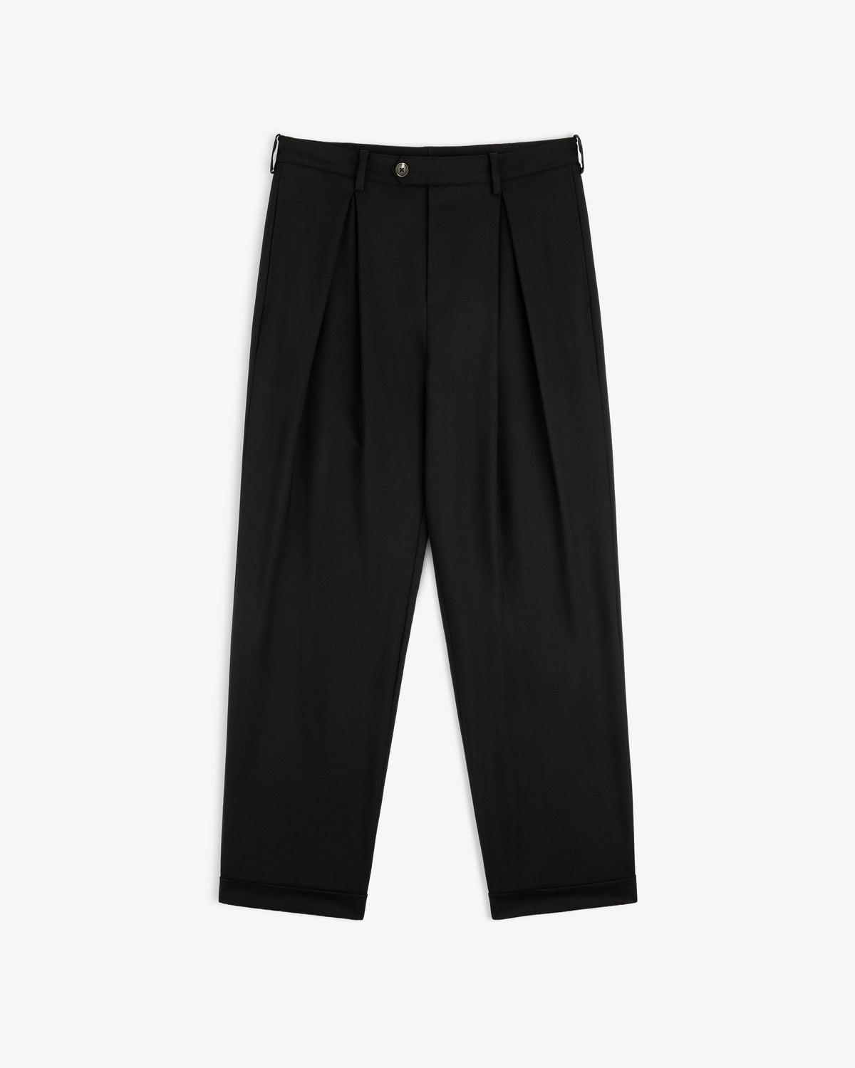 Lightweight Cuffed Trouser with pleats, button closure, belt loops, and cuffed hems on a white background.