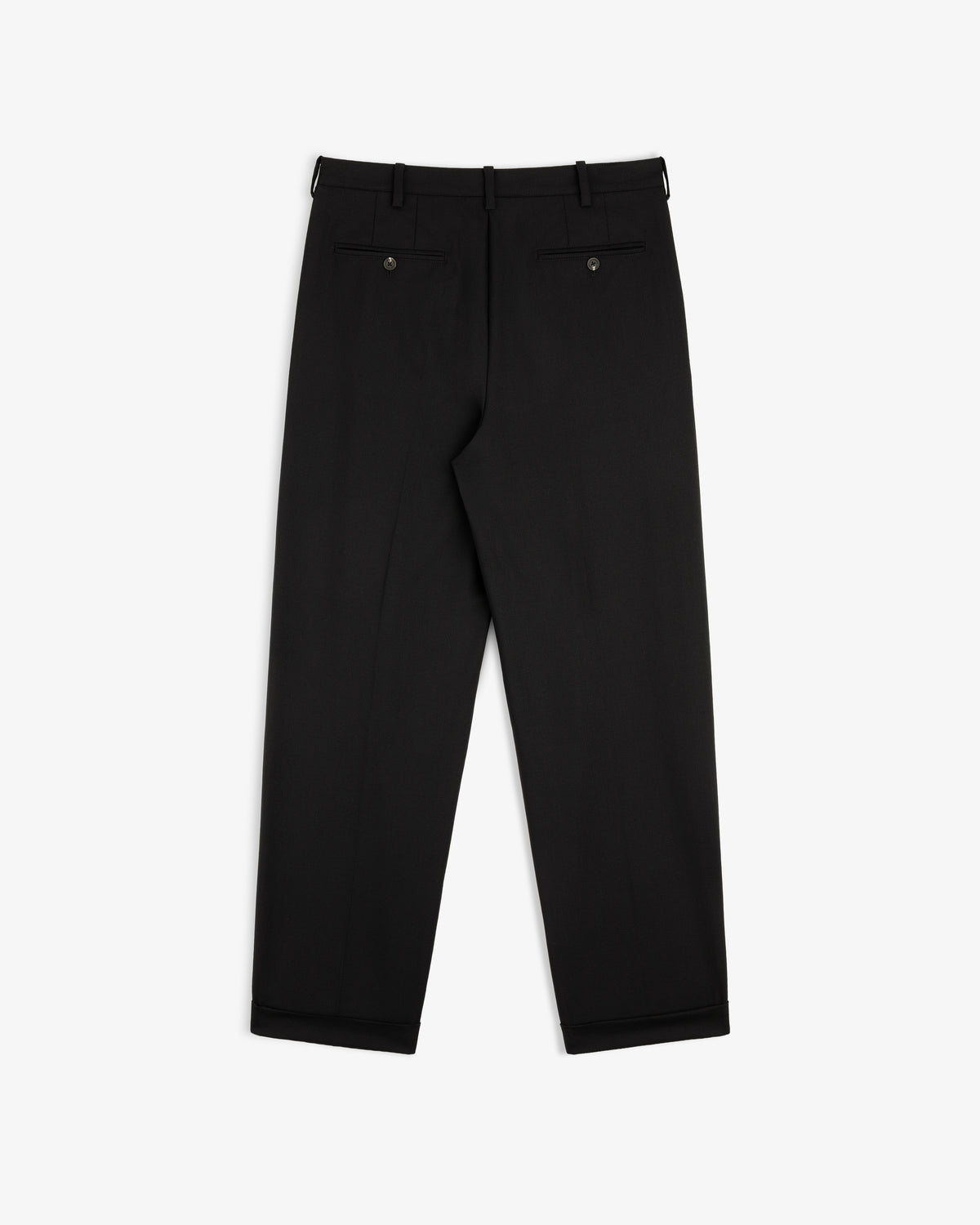 Back view of Lightweight Cuffed Trouser in black, featuring two back pockets and belt loops, laid flat on white.