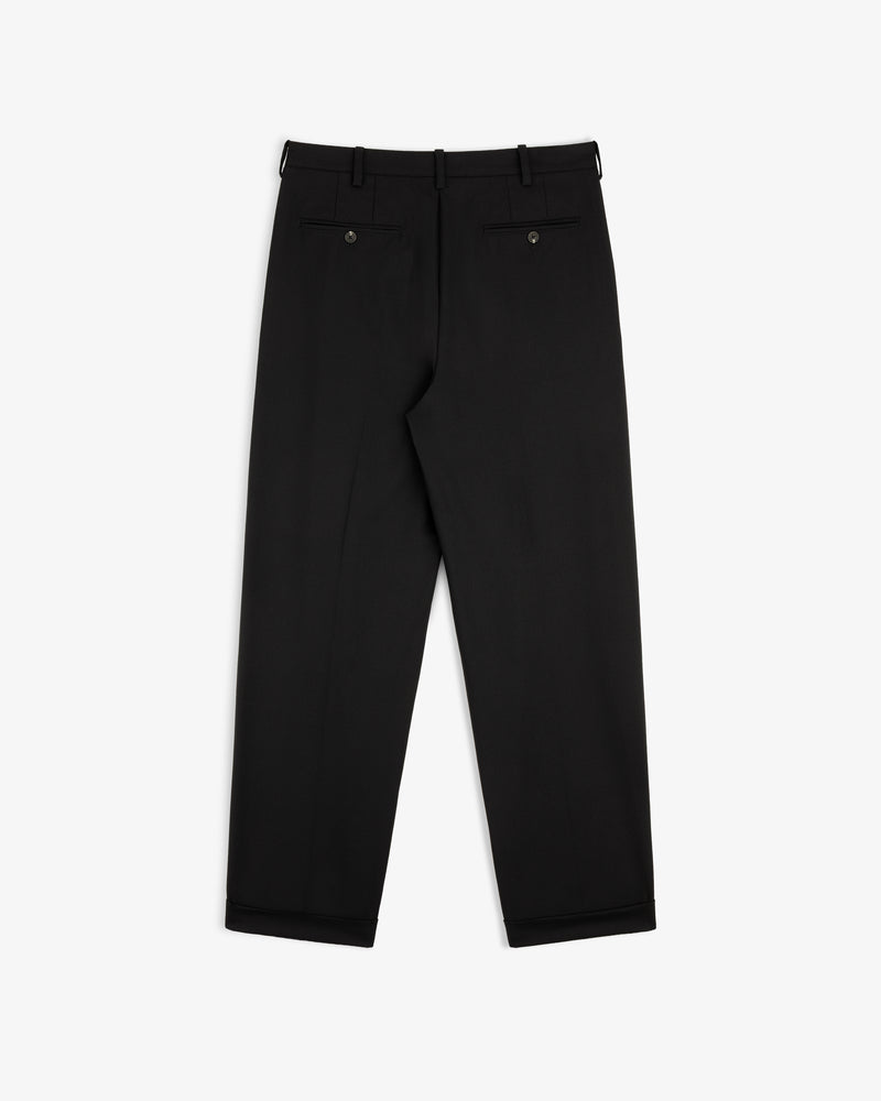 Back view of Lightweight Cuffed Trouser in black, featuring two back pockets and belt loops, laid flat on white.
