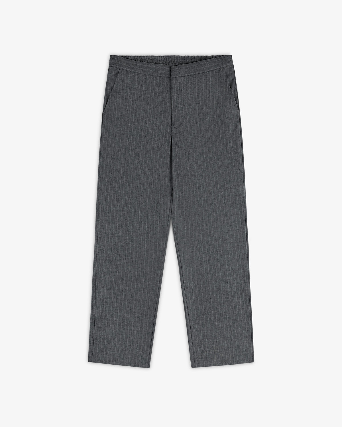 Pinstripe Elasticated Waist Trouser with straight legs and side pockets, flat front, shown on a white background.