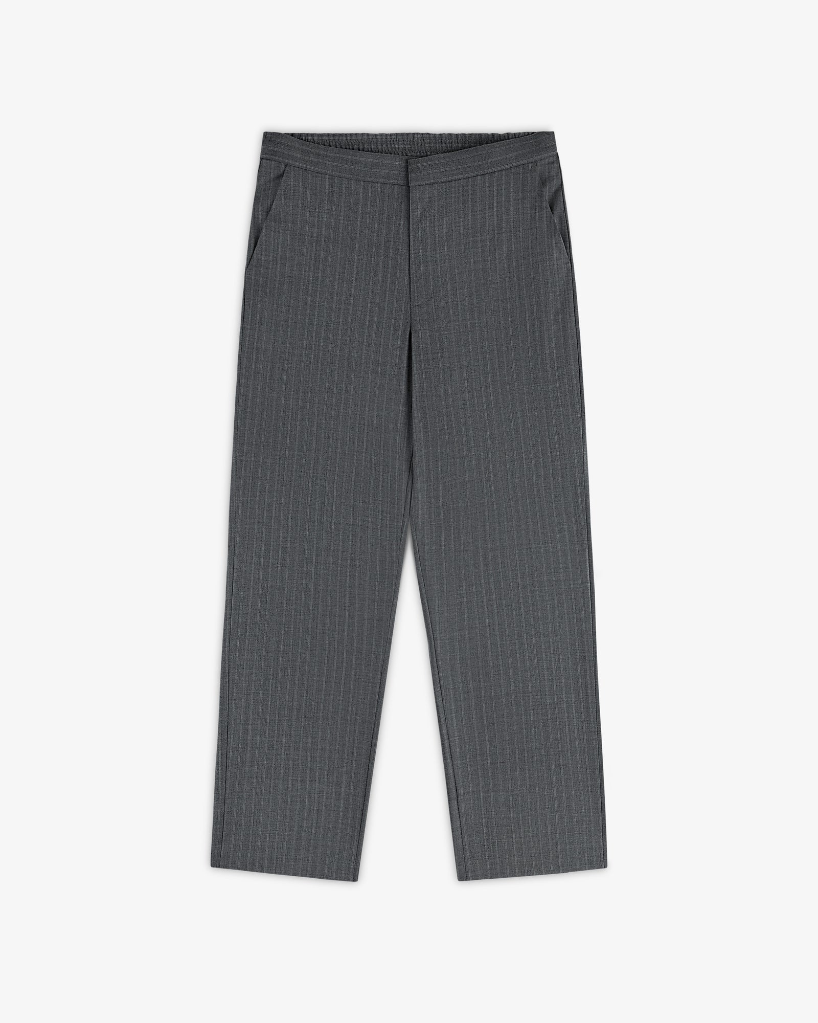 Pinstripe Elasticated Waist Trouser with straight legs and side pockets, flat front, shown on a white background.