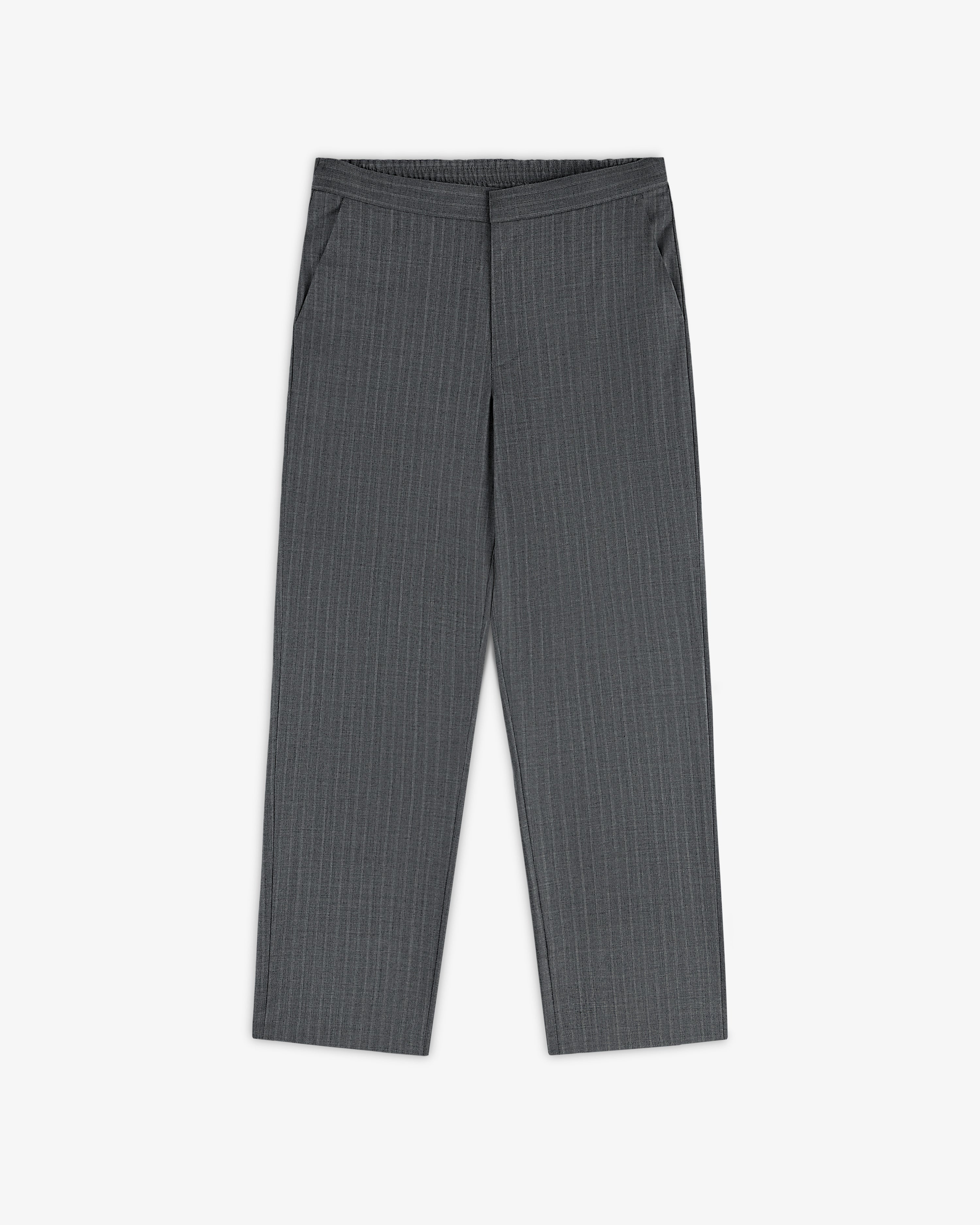 Pinstripe Elasticated Waist Trouser with straight legs and side pockets, flat front, shown on a white background.