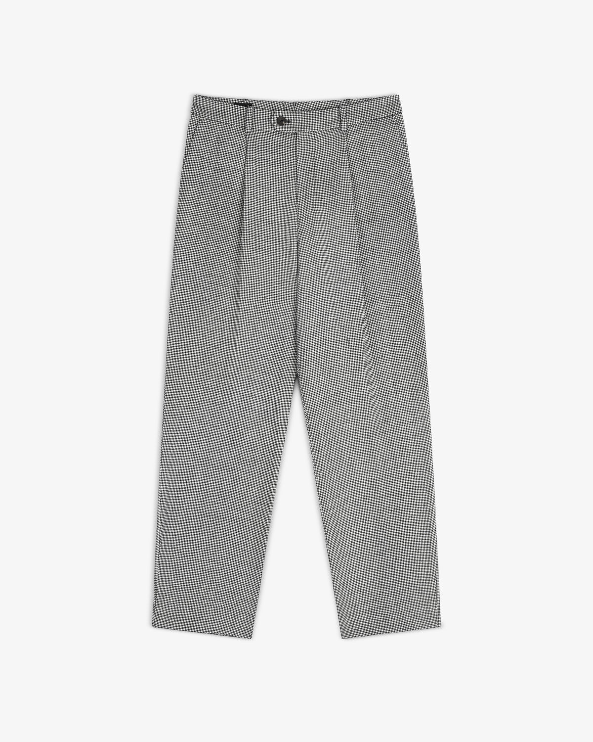 Houndstooth Pleated Trouser with button closure, belt loops, and straight legs, shown on a white background.