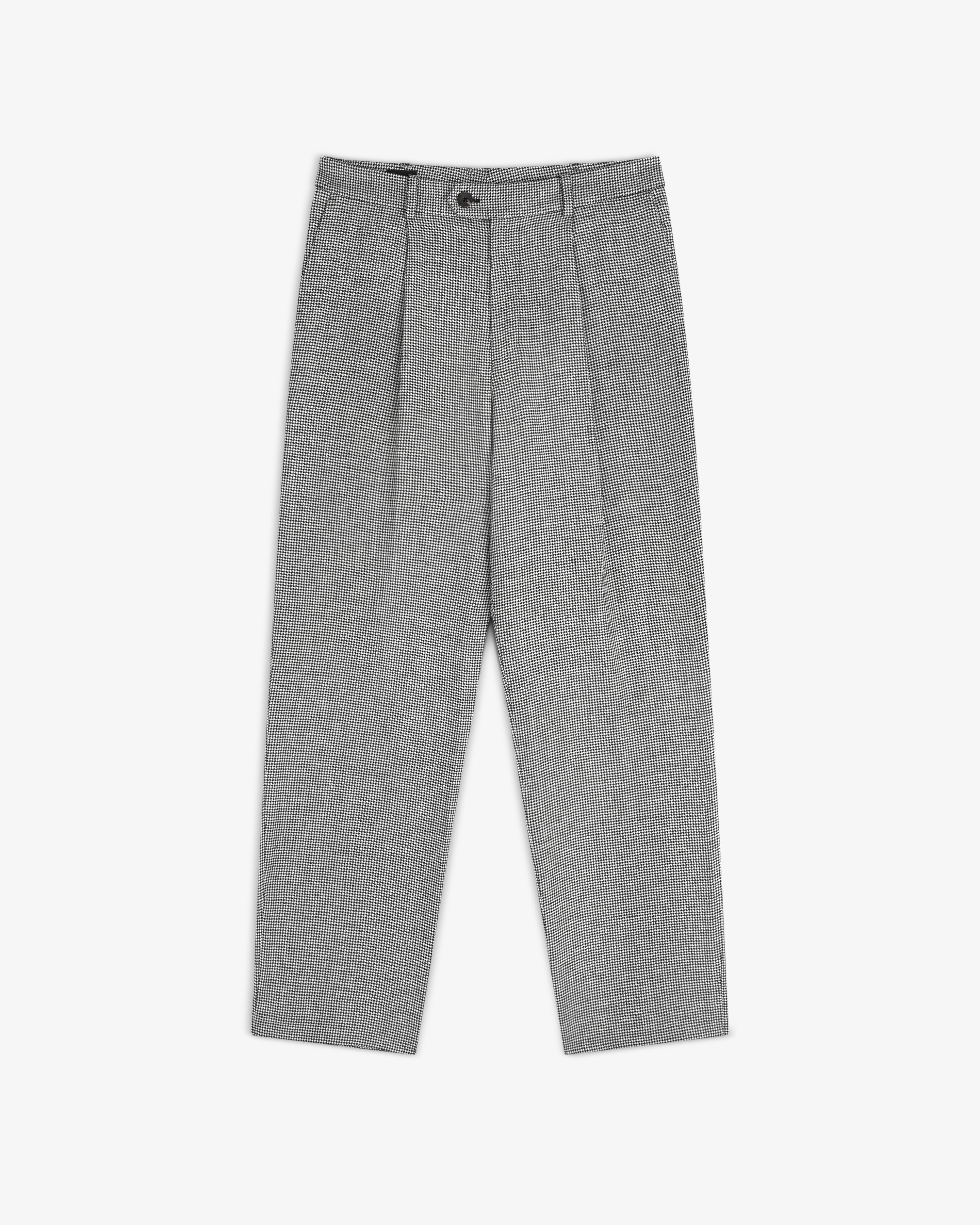 Houndstooth Pleated Trouser with button closure, belt loops, and straight legs, shown on a white background.