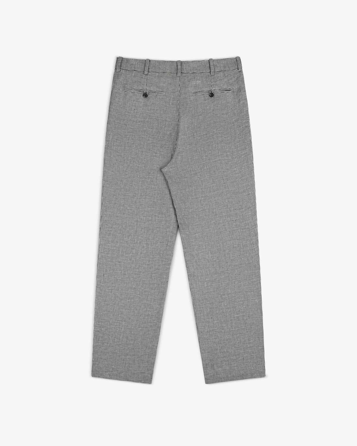 Houndstooth Pleated Trouser, back view, with belt loops and two buttoned pockets, laid flat on white background.