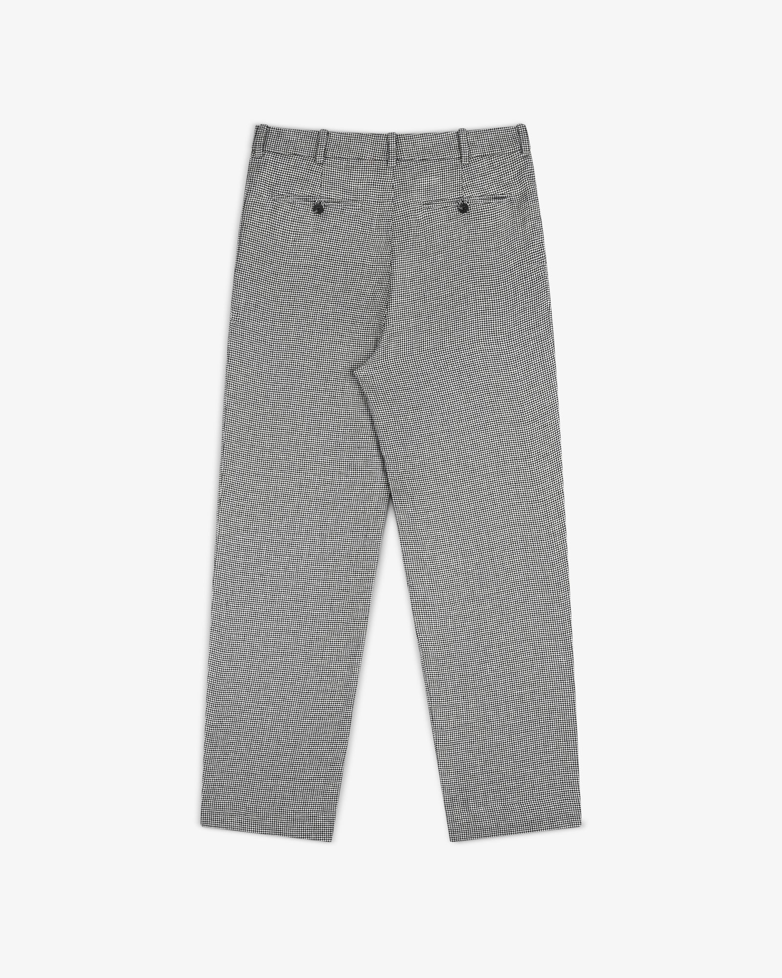 Houndstooth Pleated Trouser, back view, with belt loops and two buttoned pockets, laid flat on white background.
