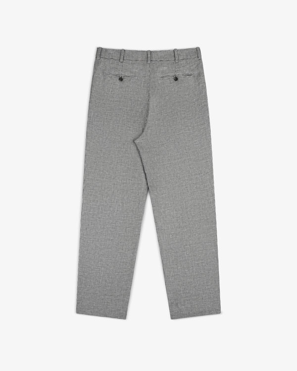 Houndstooth Pleated Trouser, back view, with belt loops and two buttoned pockets, laid flat on white background.