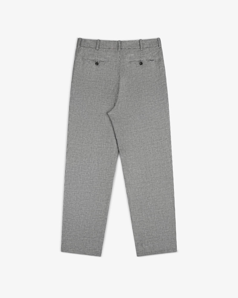 Houndstooth Pleated Trouser, back view, with belt loops and two buttoned pockets, laid flat on white background.