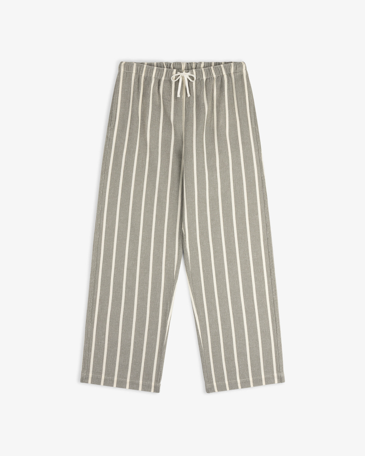 Wide Leg Shore Pant in gray and white vertical stripes with elastic waistband and drawstring, laid flat on white.