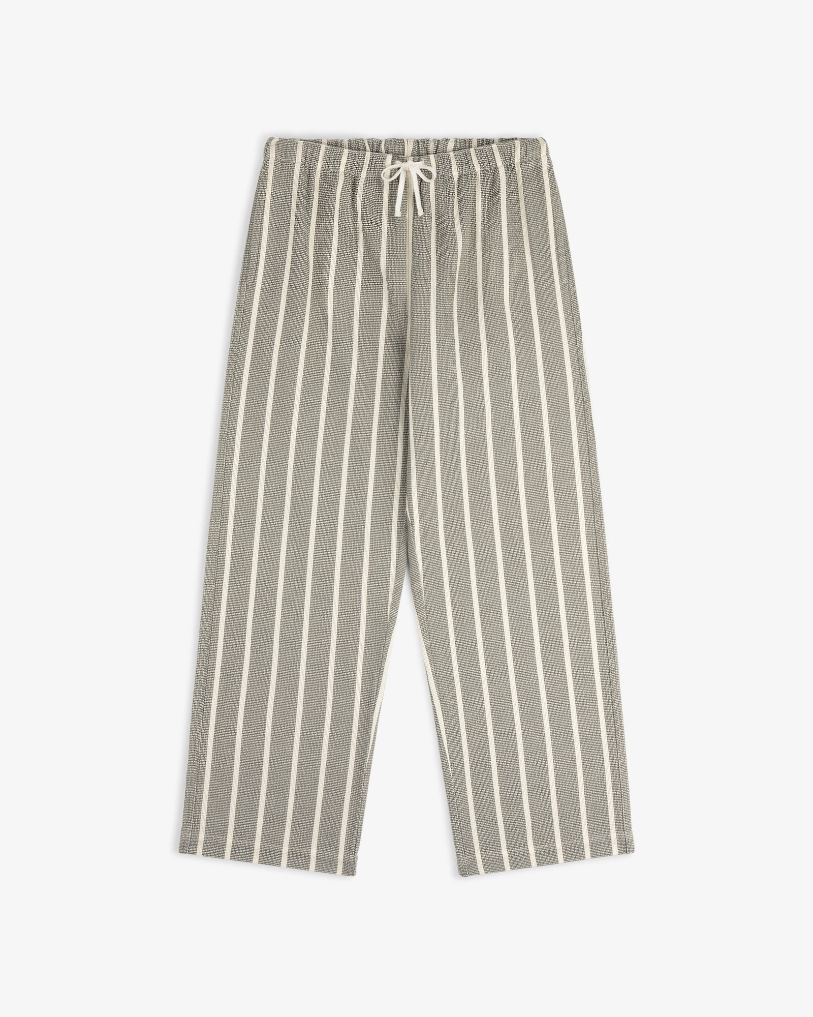 Wide Leg Shore Pant in gray and white vertical stripes with elastic waistband and drawstring, laid flat on white.