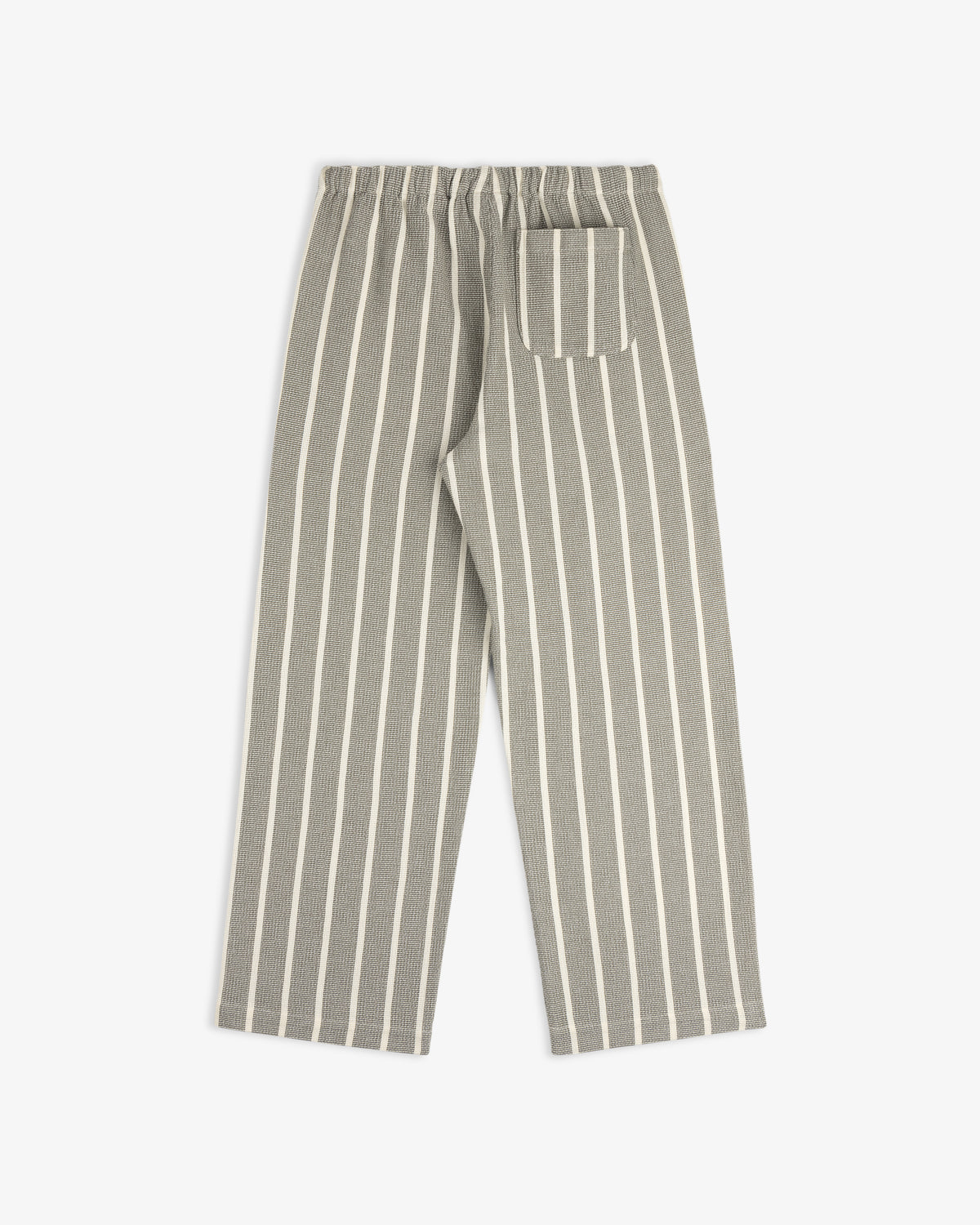 Wide Leg Shore Pant in gray with white vertical stripes, elastic waistband, and a single back pocket laid flat.