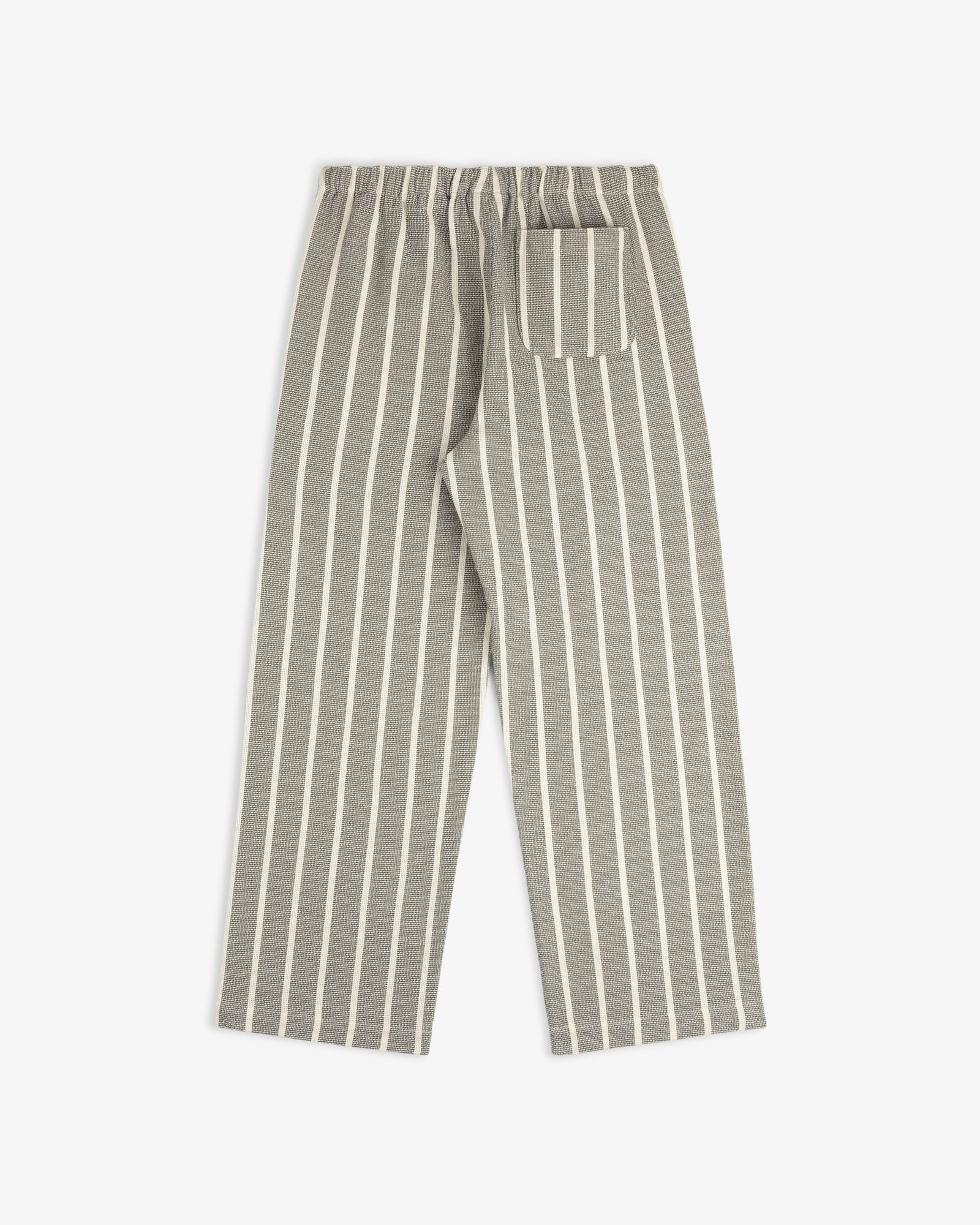 Wide Leg Shore Pant in gray with white vertical stripes, elastic waistband, and a single back pocket laid flat.