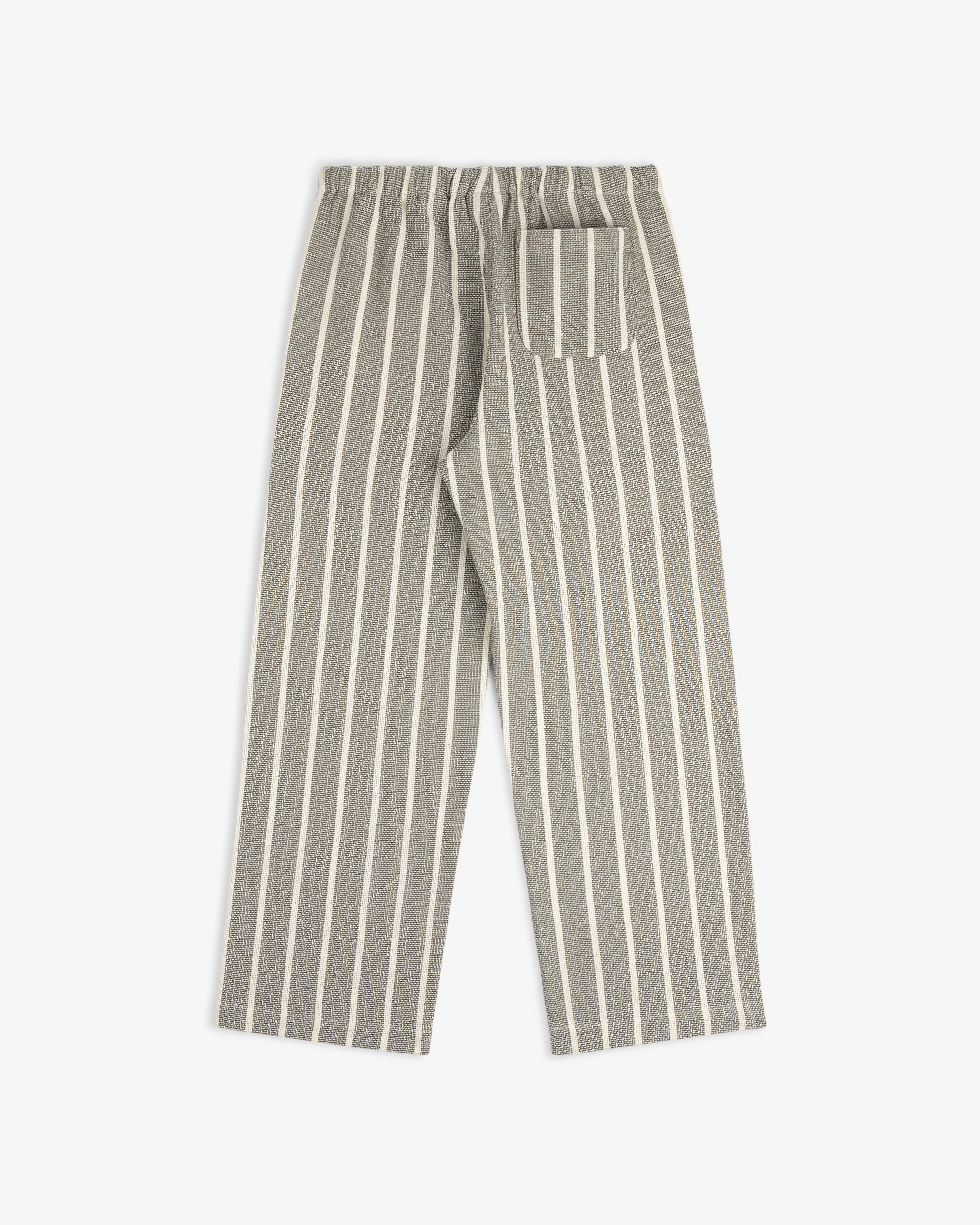 Wide Leg Shore Pant in gray with white vertical stripes, elastic waistband, and a single back pocket laid flat.