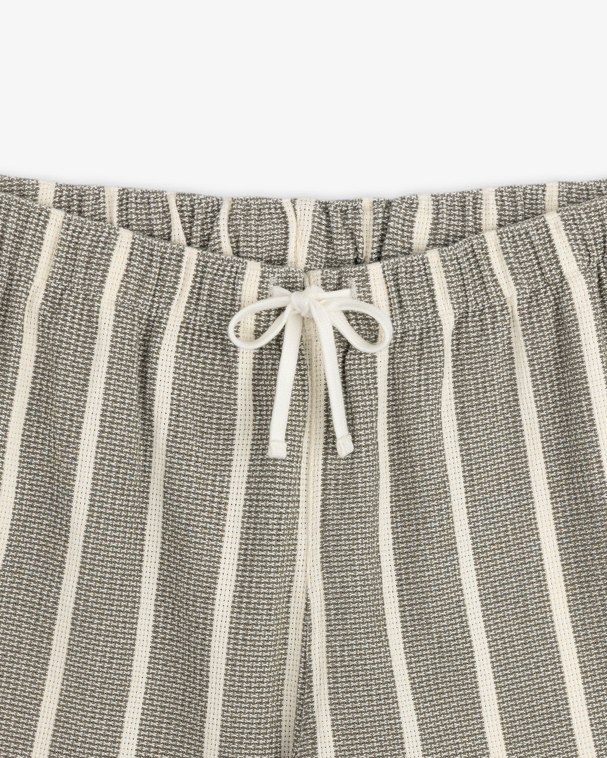 Gray and white vertically striped Wide Leg Shore Pant with an elastic waistband and a white drawstring front bow.