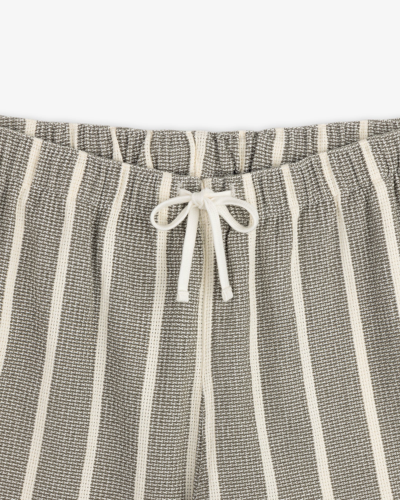 Gray and white vertically striped Wide Leg Shore Pant with an elastic waistband and a white drawstring front bow.