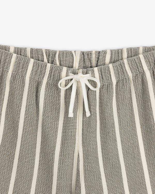 Gray and white vertically striped Wide Leg Shore Pant with an elastic waistband and a white drawstring front bow.