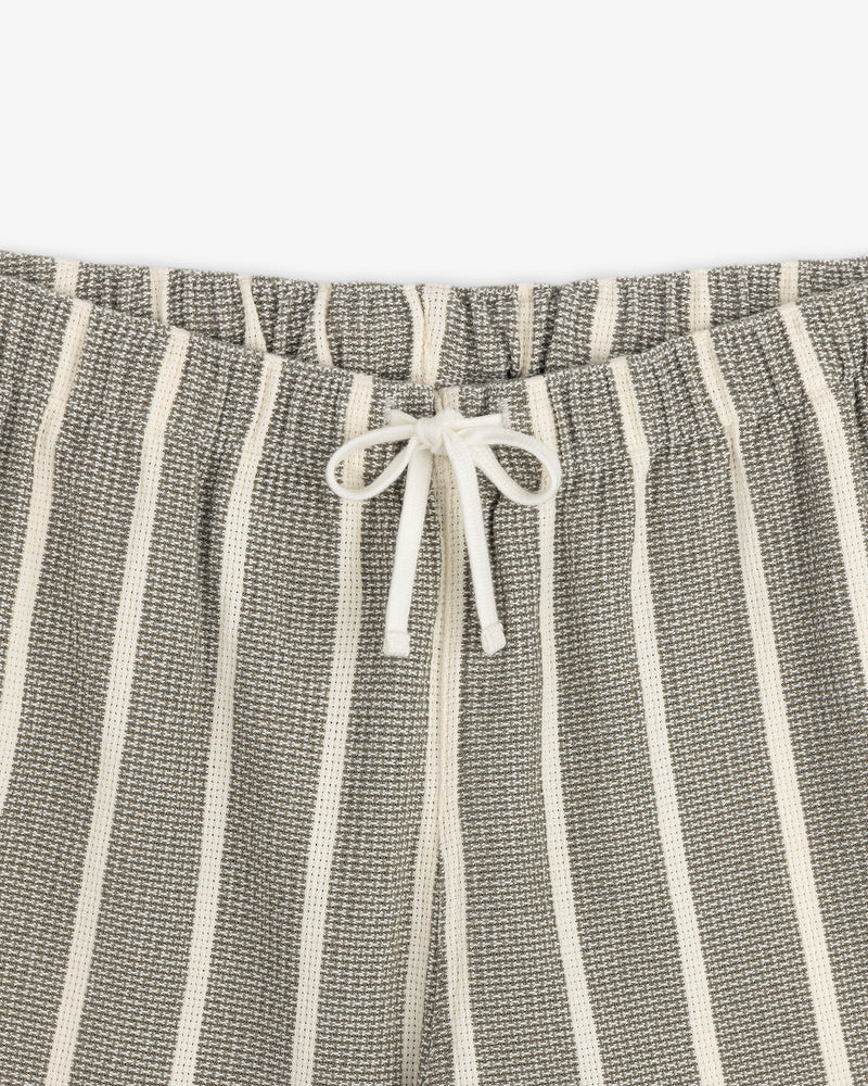 Gray and white vertically striped Wide Leg Shore Pant with an elastic waistband and a white drawstring front bow.