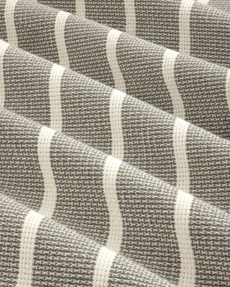 Close-up of Wide Leg Shore Pant in textured gray fabric with repeating white horizontal stripes.