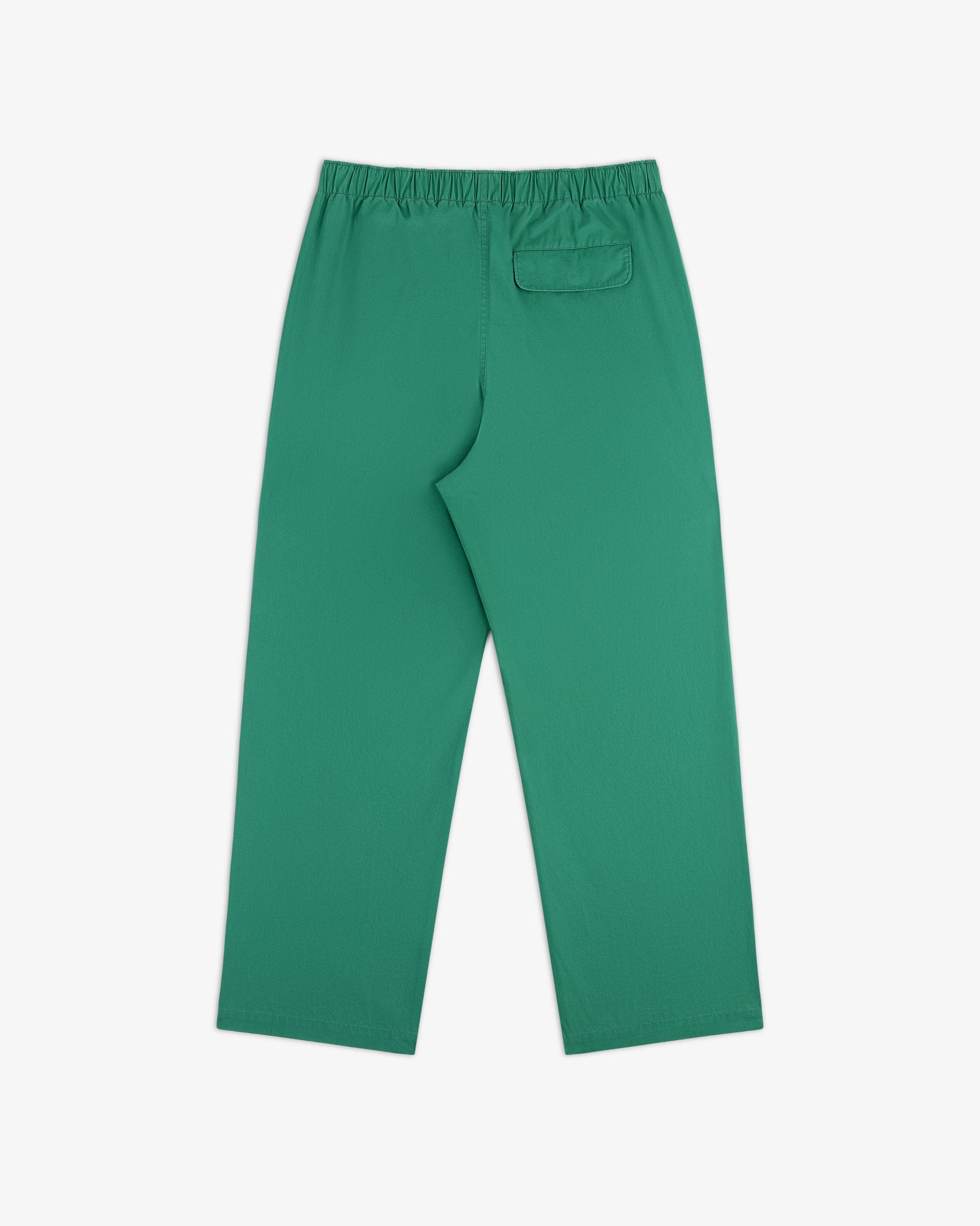 Washed Cotton Windbreaker Pant in green with elastic waistband and back pocket, laid flat on white background.