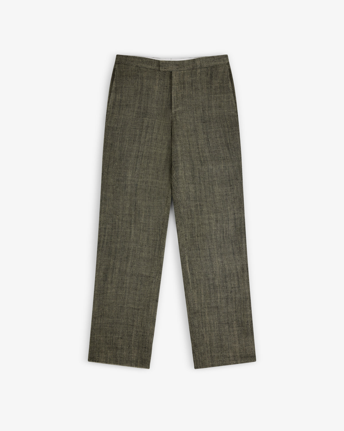 Yarn Dyed Linen Suit Trouser in olive green, straight-leg style with texture, displayed on a white background.