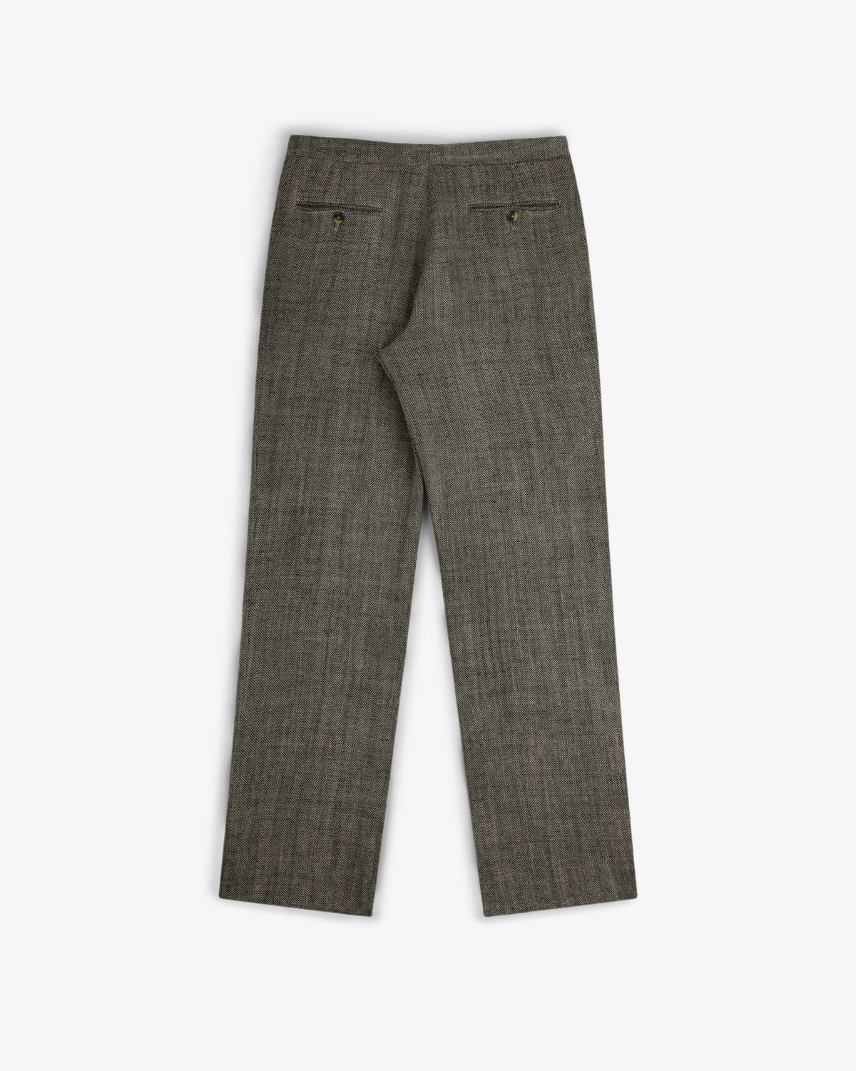 Yarn Dyed Linen Suit Trouser in gray, straight-leg with two back pockets and button closures, laid flat on white.