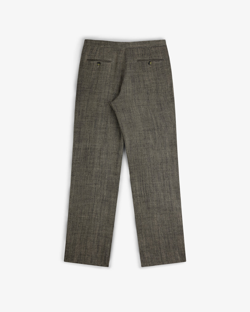 Yarn Dyed Linen Suit Trouser in gray, straight-leg with two back pockets and button closures, laid flat on white.