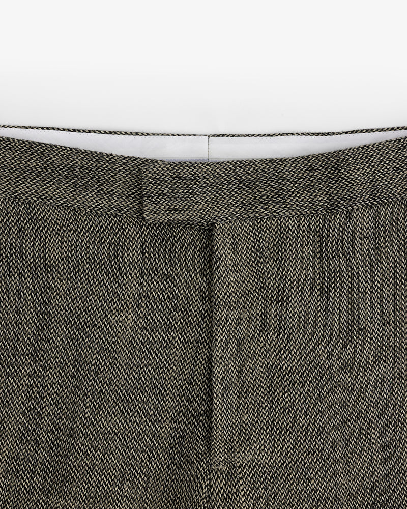 Close-up of the waistband and upper section of Yarn Dyed Linen Suit Trouser in gray against a white background.