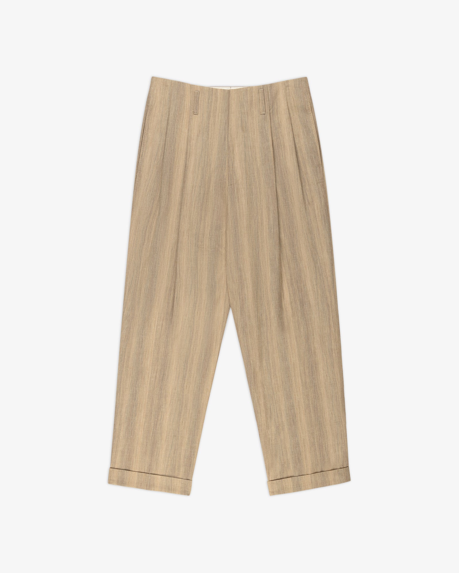 Double Pleated Safari Suit Trouser in beige with a subtle vertical pattern, shown flat on a white background.