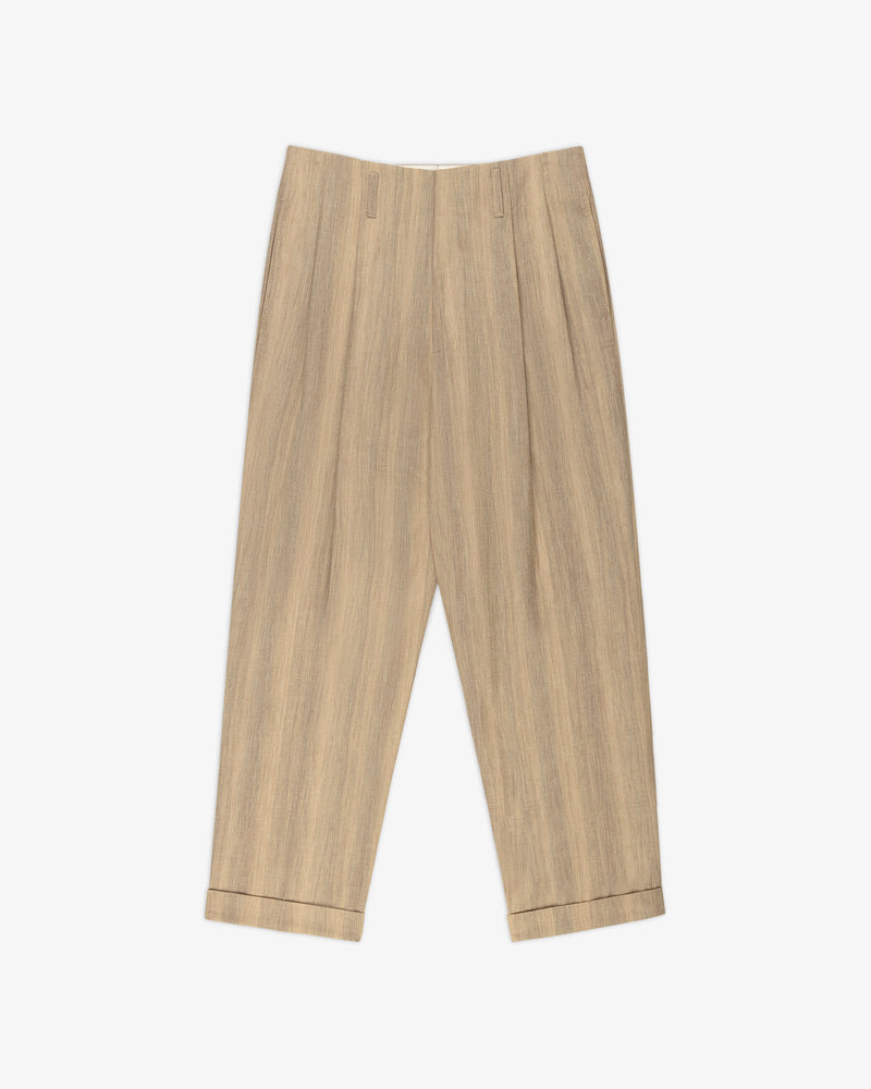 Double Pleated Safari Suit Trouser in beige with a subtle vertical pattern, shown flat on a white background.