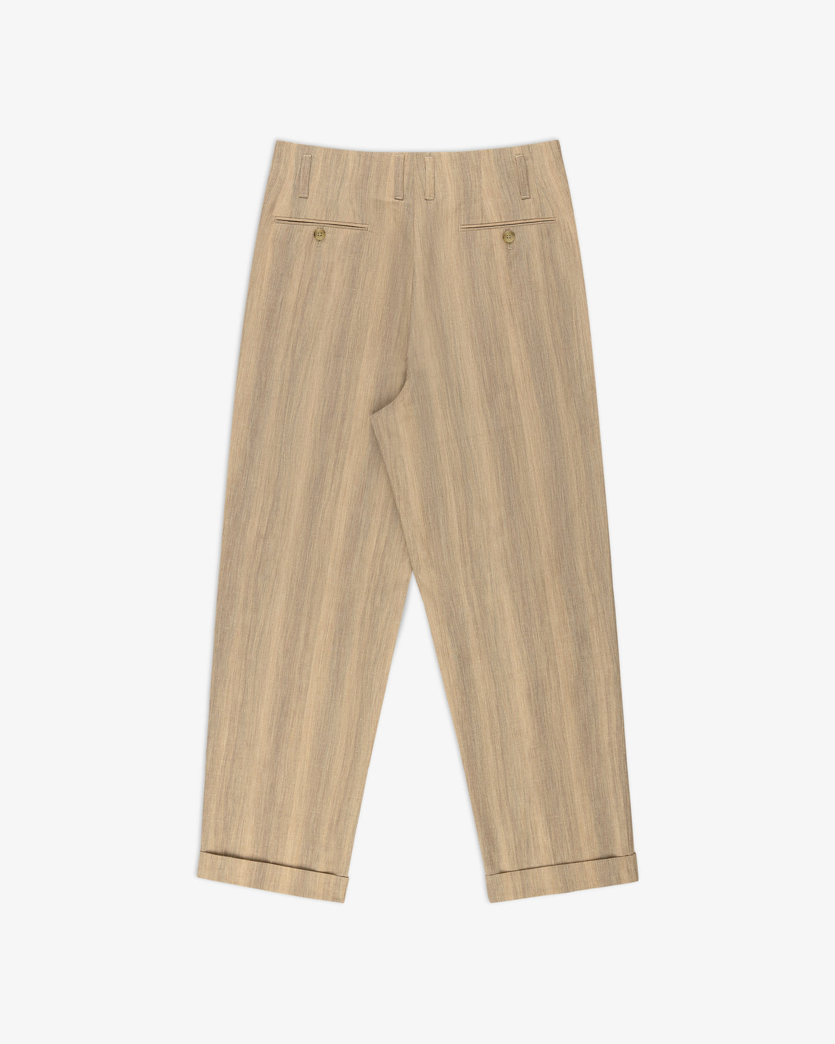 Double Pleated Safari Suit Trouser in beige with cuffed hems, buttoned back pockets, and subtle vertical stripes.