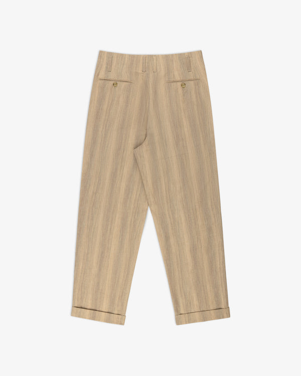 Double Pleated Safari Suit Trouser in beige with cuffed hems, buttoned back pockets, and subtle vertical stripes.