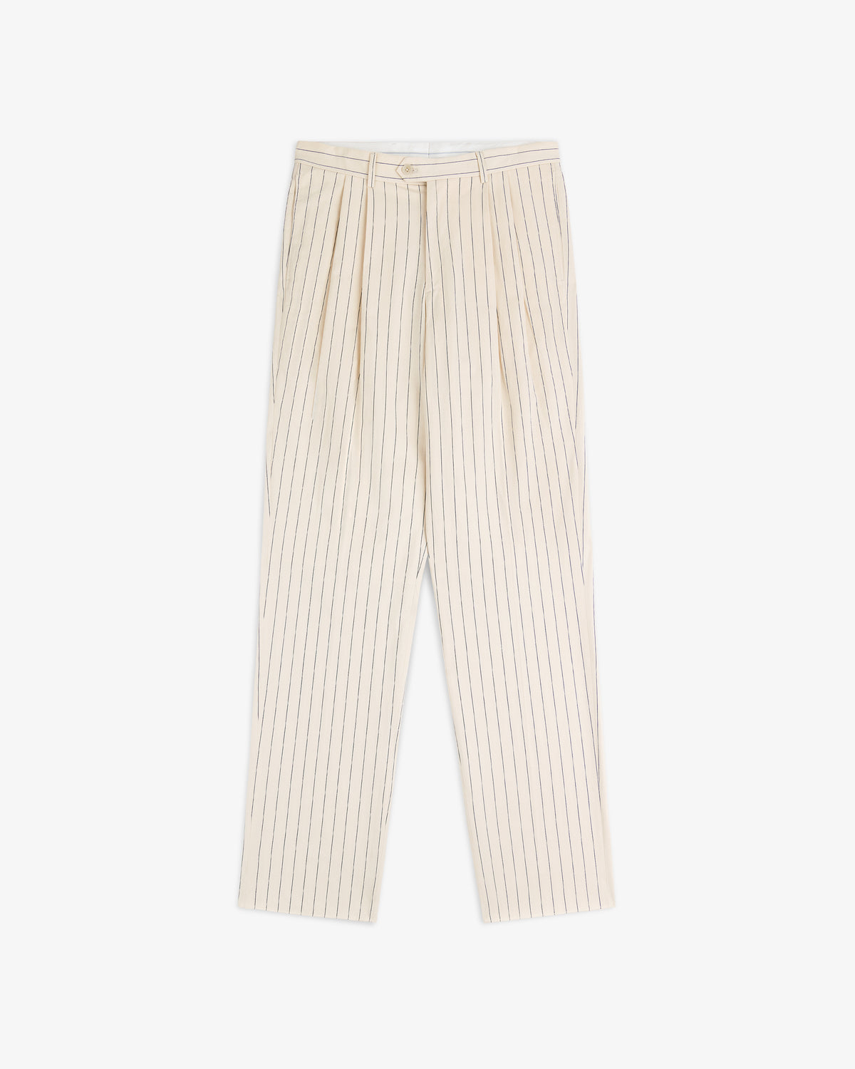 Double Pleated Pinstripe Suit Trouser in cream with thin black stripes, pleats, button closure, straight legs.