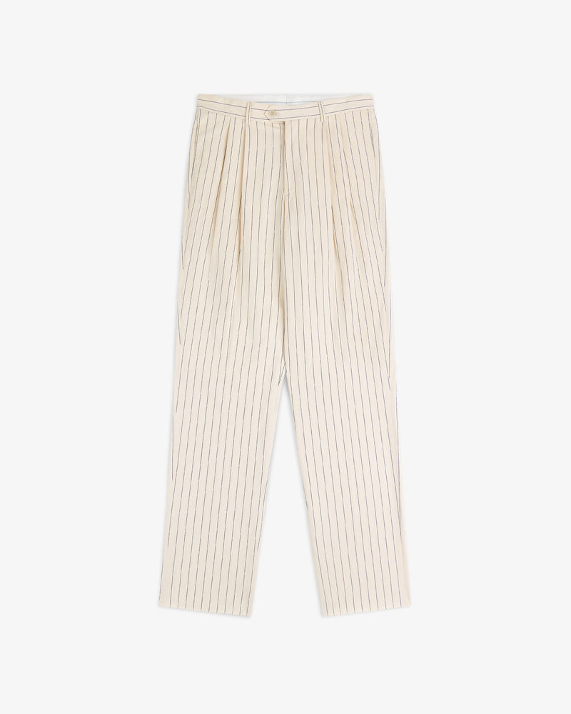 Double Pleated Pinstripe Suit Trouser in cream with thin black stripes, pleats, button closure, straight legs.