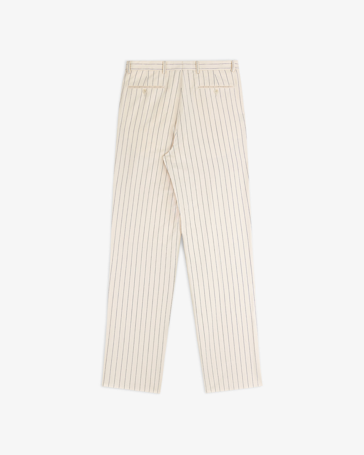 Double Pleated Pinstripe Suit Trouser in cream with black pinstripes, back view on a white background.