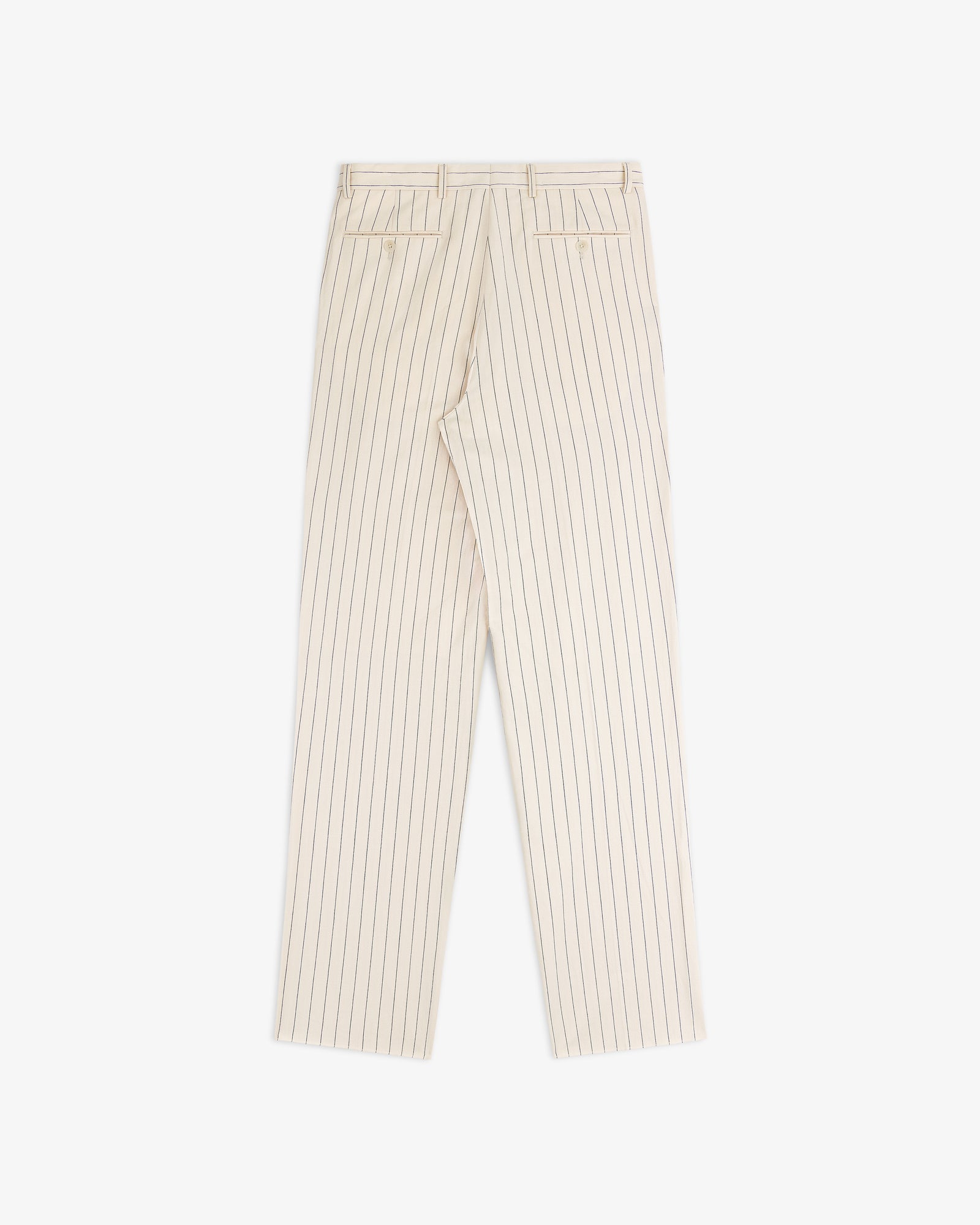 Double Pleated Pinstripe Suit Trouser in cream with black pinstripes, back view on a white background.