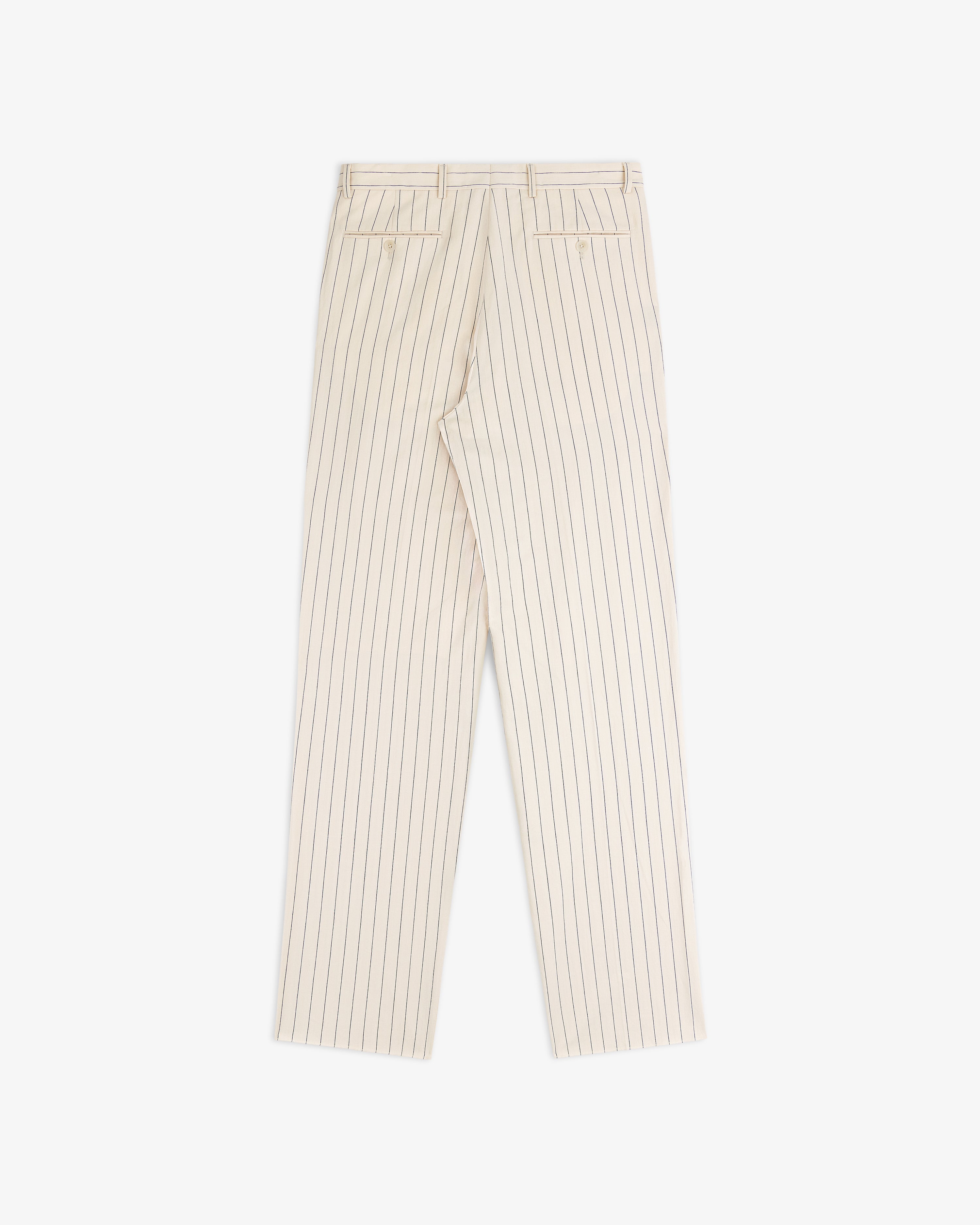 Double Pleated Pinstripe Suit Trouser in cream with black pinstripes, back view on a white background.
