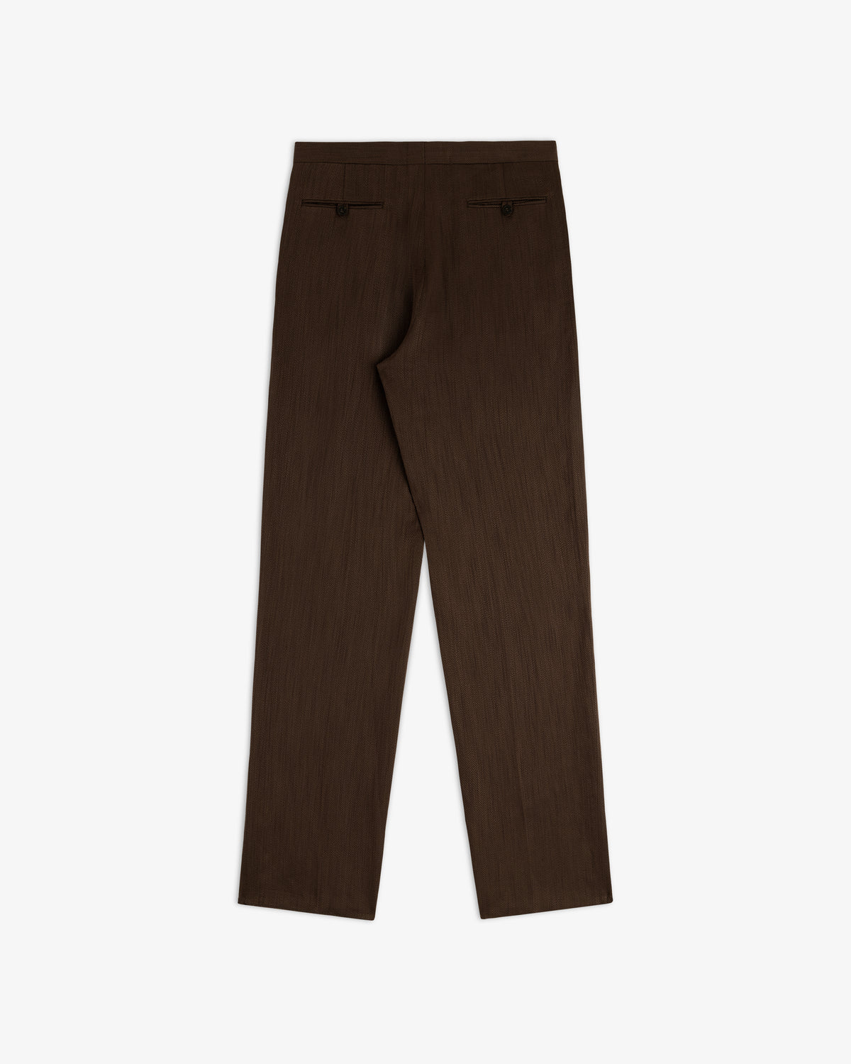 Back view of Linen Blend Suit Trouser, straight-leg, dark brown, with two back pockets on a white background.