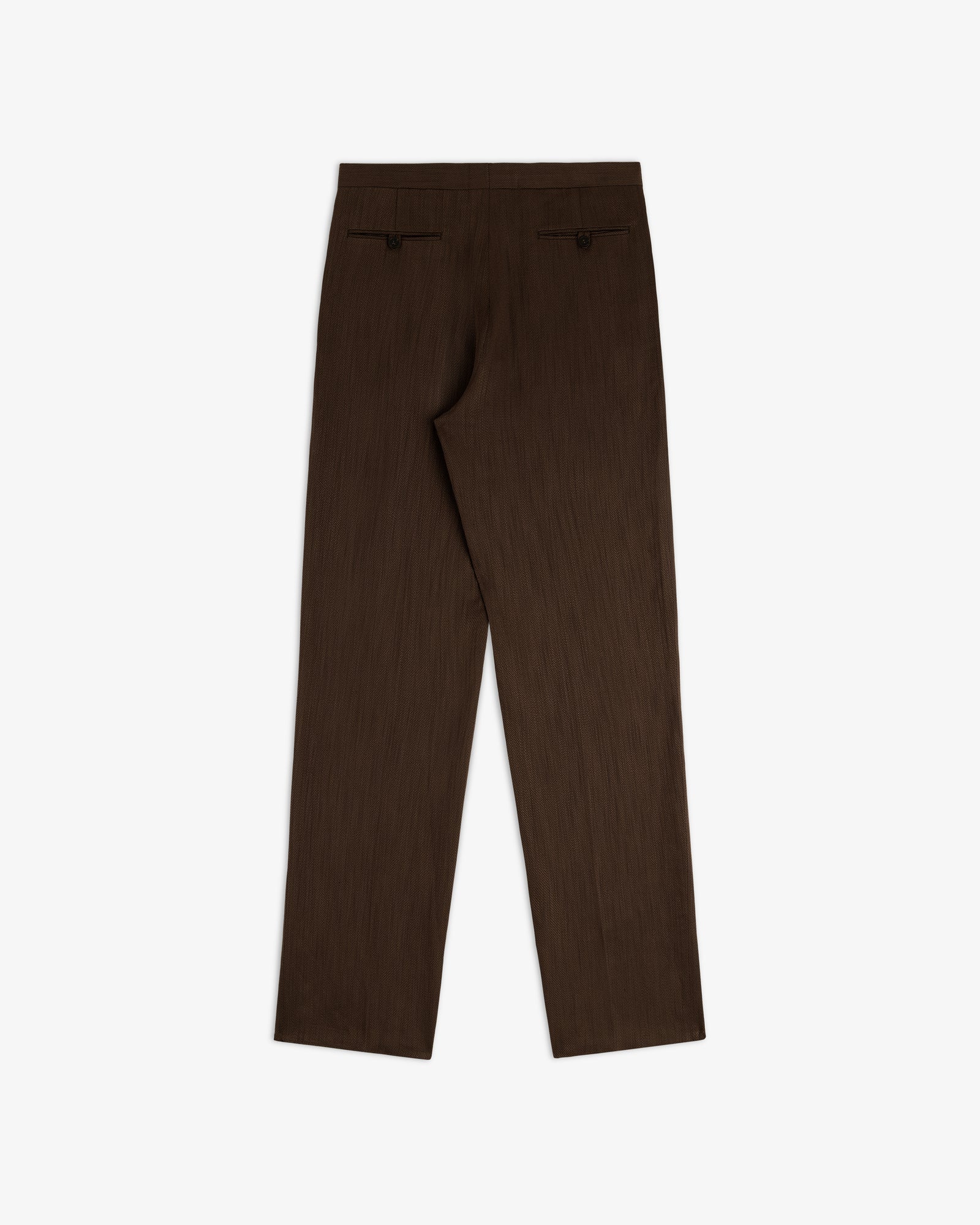 Back view of Linen Blend Suit Trouser, straight-leg, dark brown, with two back pockets on a white background.