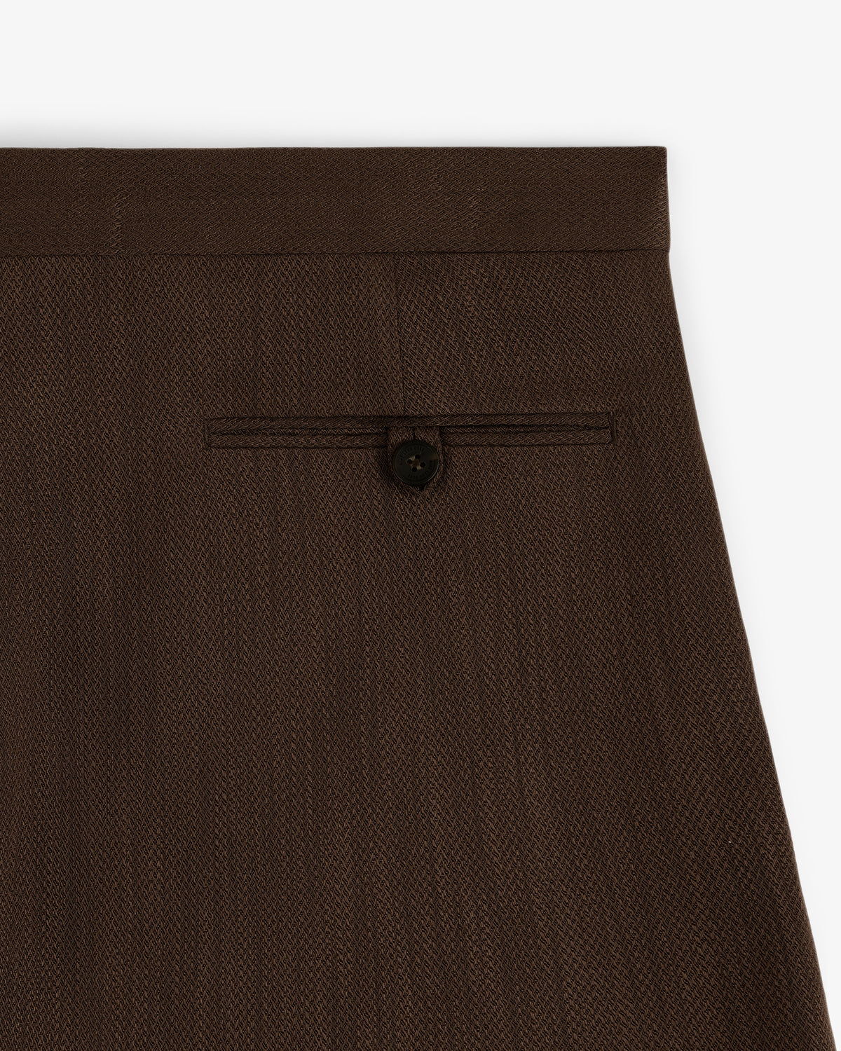 Close-up of the back pocket with button closure on the Linen Blend Suit Trouser in dark brown.