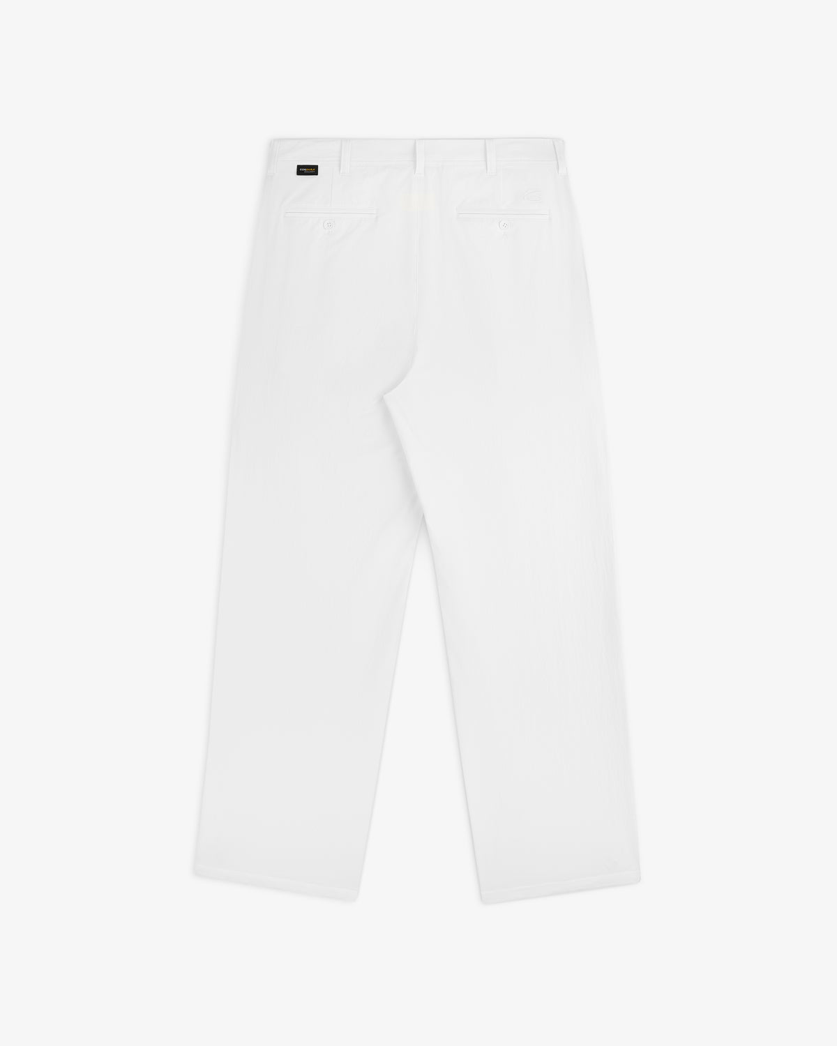 Back view of ALD Golf Cordura Double Pleated Pant in white, showing two rear pockets and belt loops, laid flat.