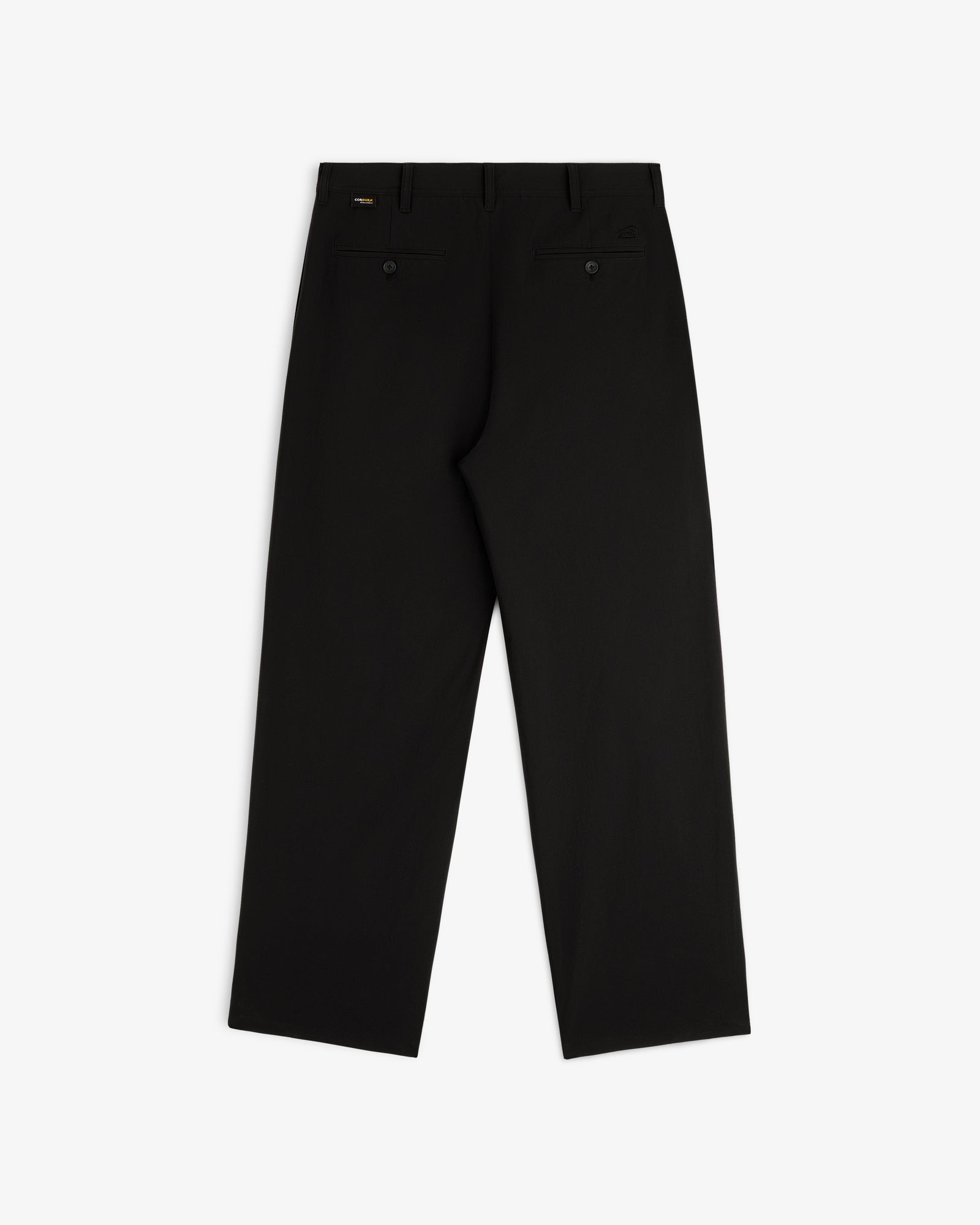 ALD Golf Cordura Double Pleated Pant shown flat from the back with two buttoned pockets and belt loops.