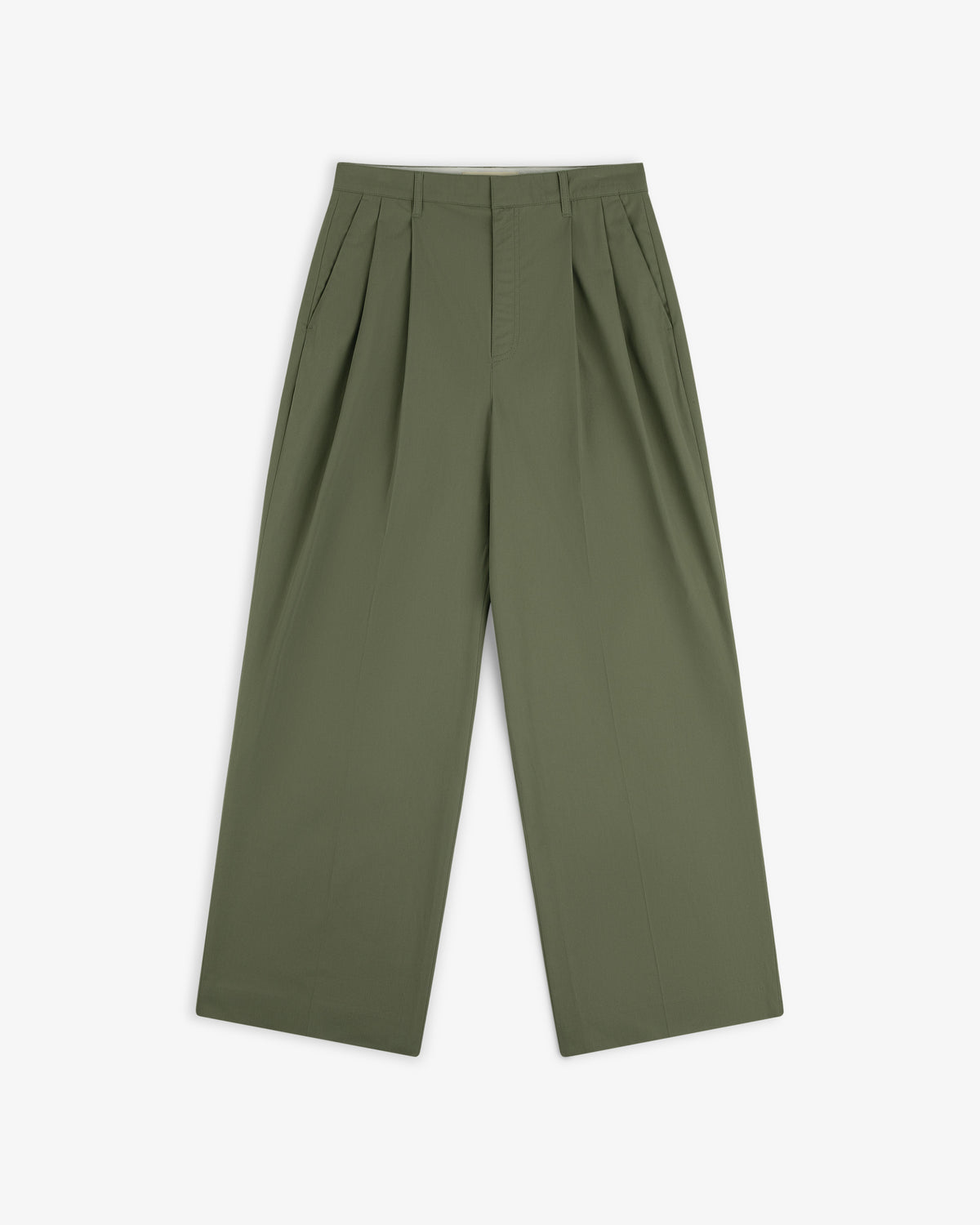 Lightweighted Pleated Cotton Trouser in olive green with wide legs, high waist, and side pockets on a white background.