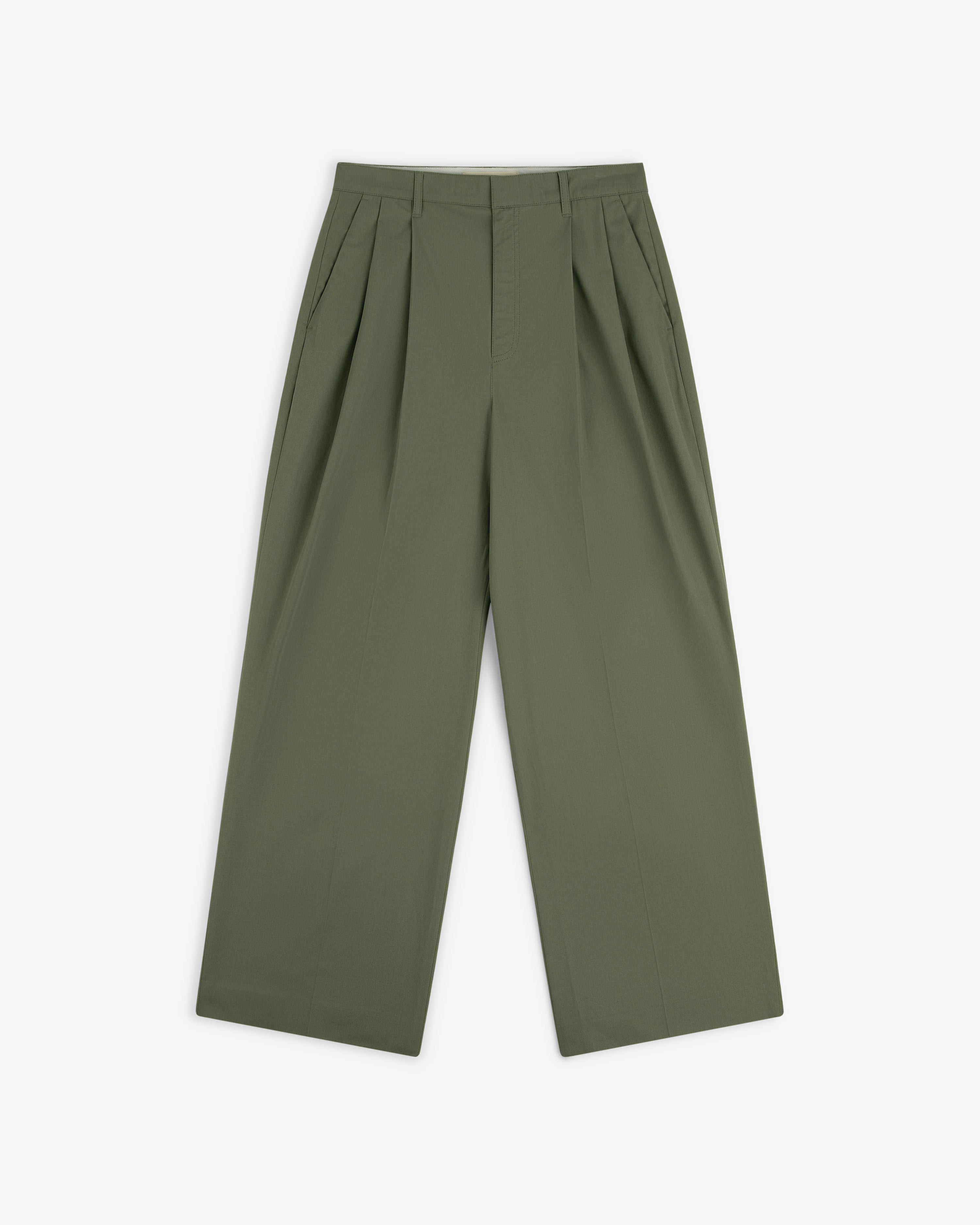 Lightweighted Pleated Cotton Trouser in olive green with wide legs, high waist, and side pockets on a white background.