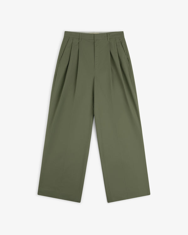 Lightweighted Pleated Cotton Trouser in olive green with wide legs, high waist, and side pockets on a white background.