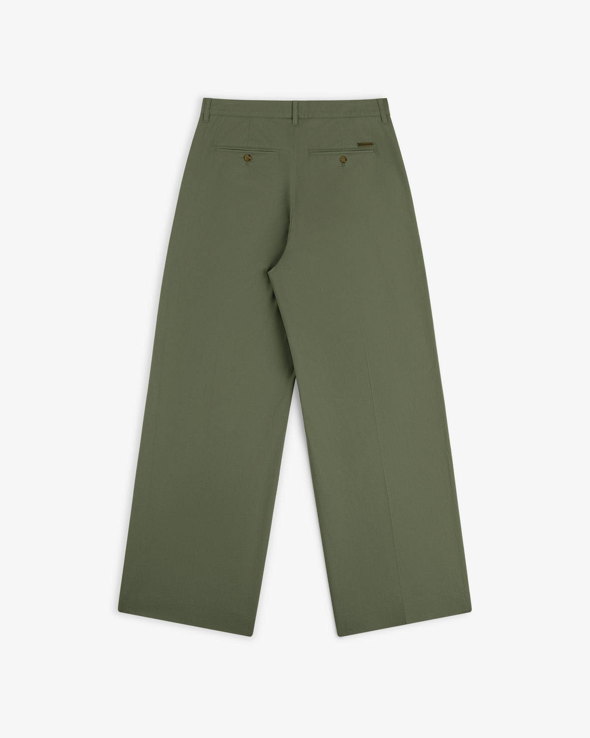 Back view of Lightweighted Pleated Cotton Trouser in olive with wide legs, two back pockets, and brown buttons on white.