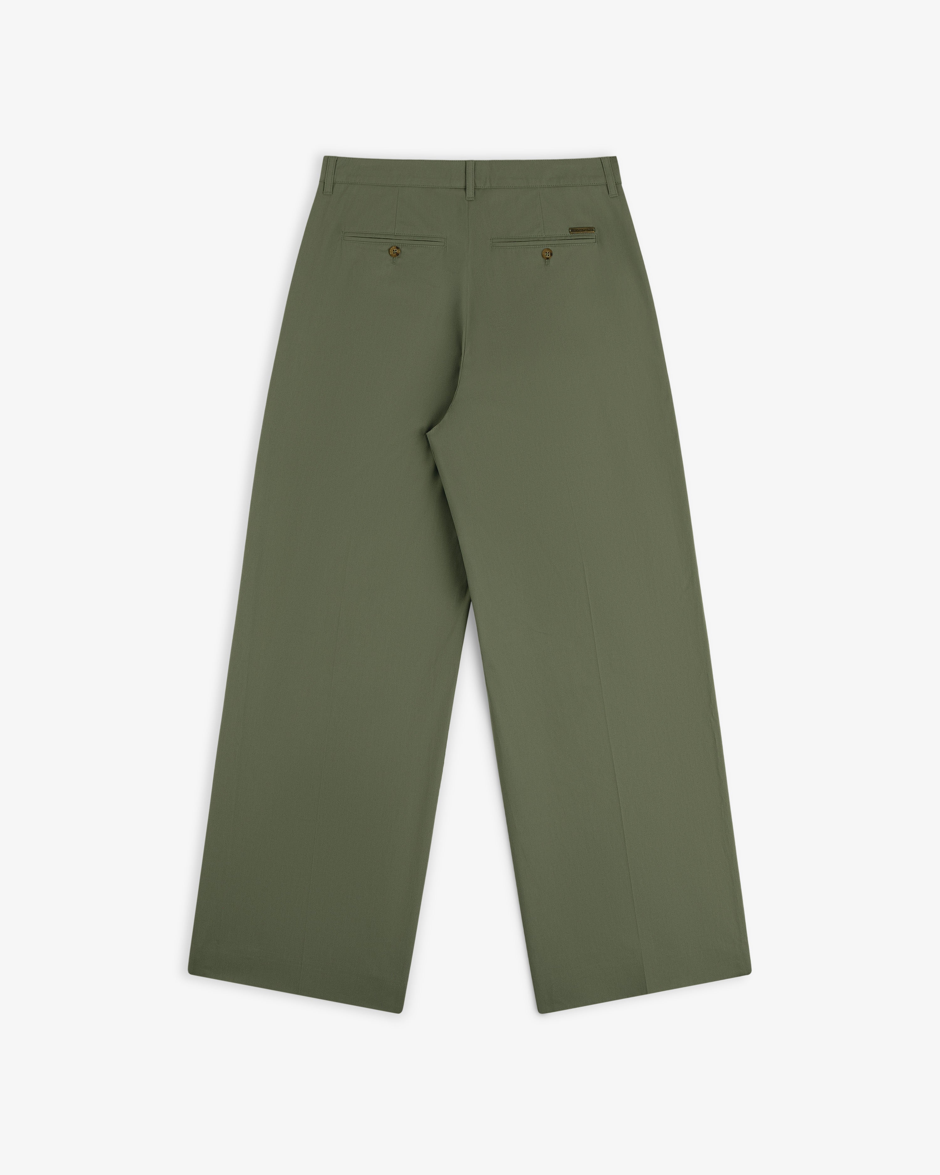 Back view of Lightweighted Pleated Cotton Trouser in olive with wide legs, two back pockets, and brown buttons on white.