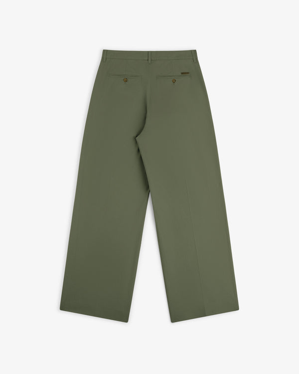 Back view of Lightweighted Pleated Cotton Trouser in olive with wide legs, two back pockets, and brown buttons on white.