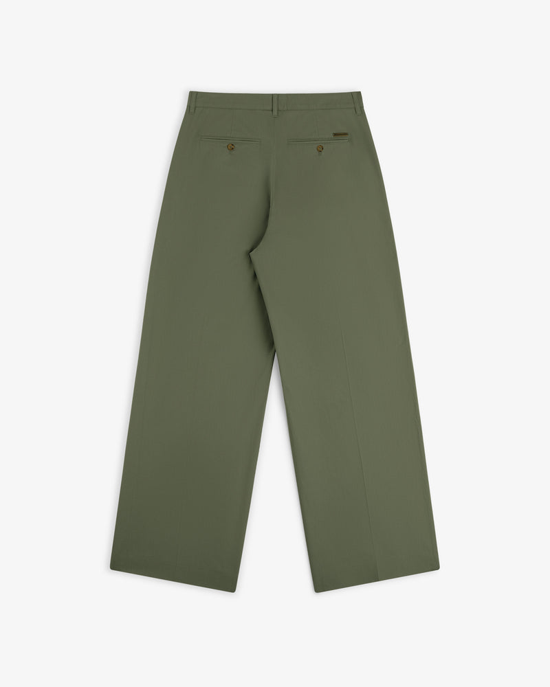Back view of Lightweighted Pleated Cotton Trouser in olive with wide legs, two back pockets, and brown buttons on white.